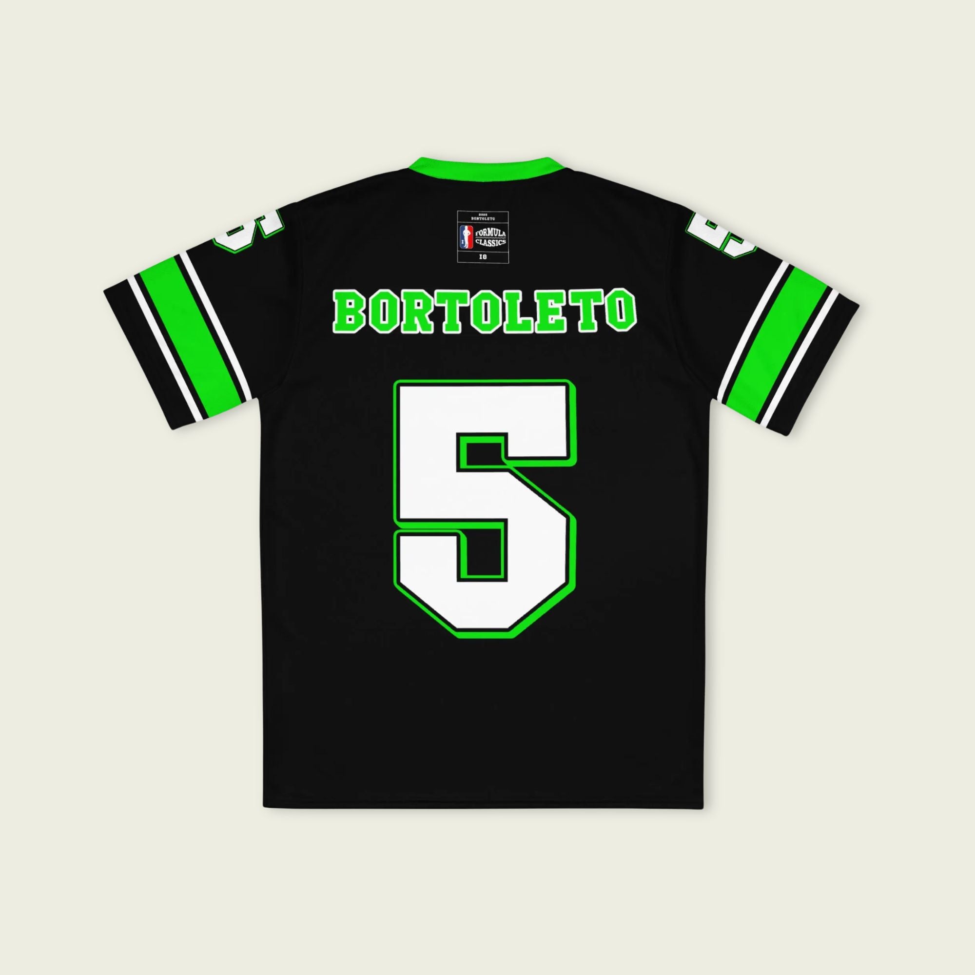 A black and highlight green football jersey with Gabriel Bortoleto's Kick Stake F1 racing number 5 on the front and back in green.