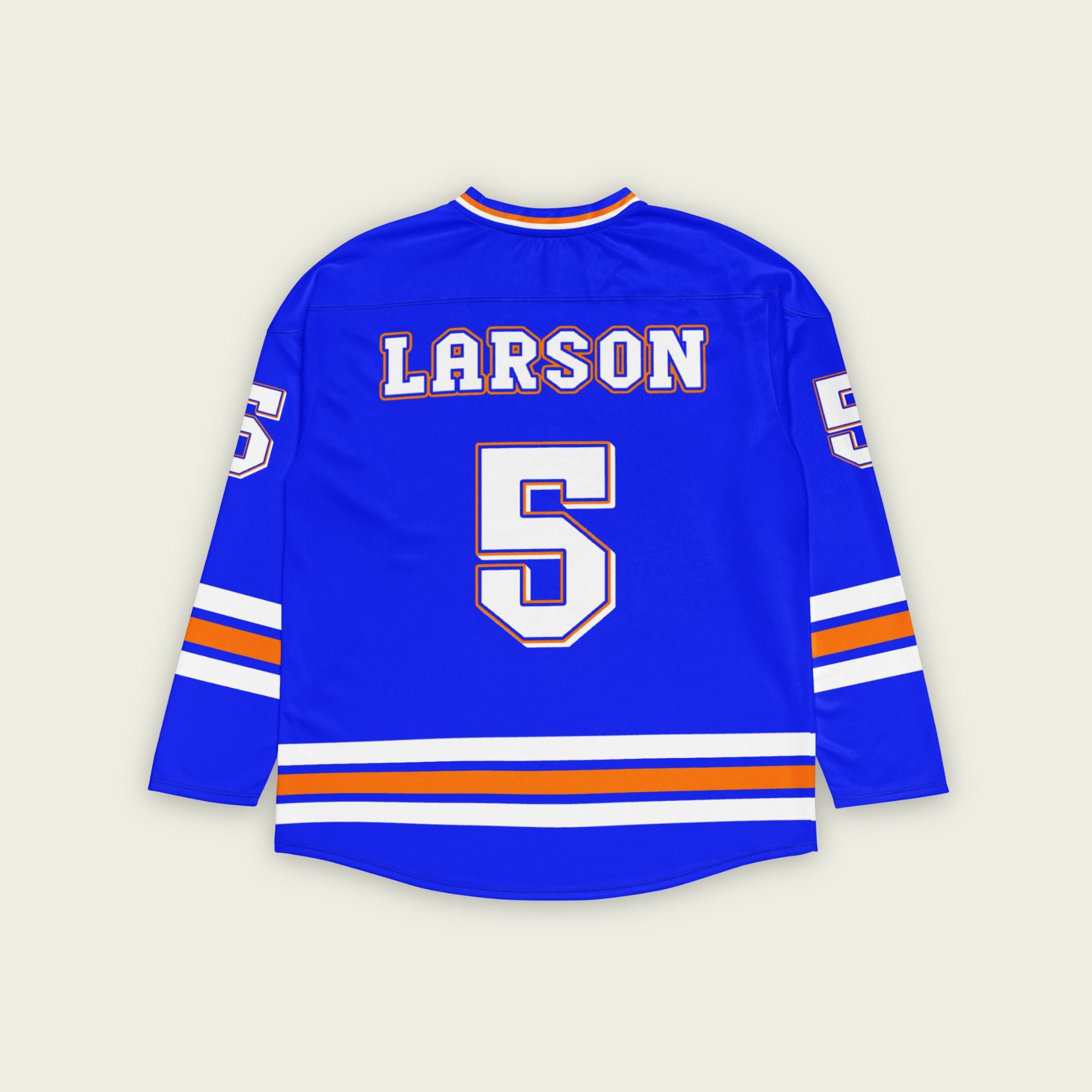 A blue hockey jersey with Kyle Larson's name on the front and back, with his nascar racing number in white on the back and front.