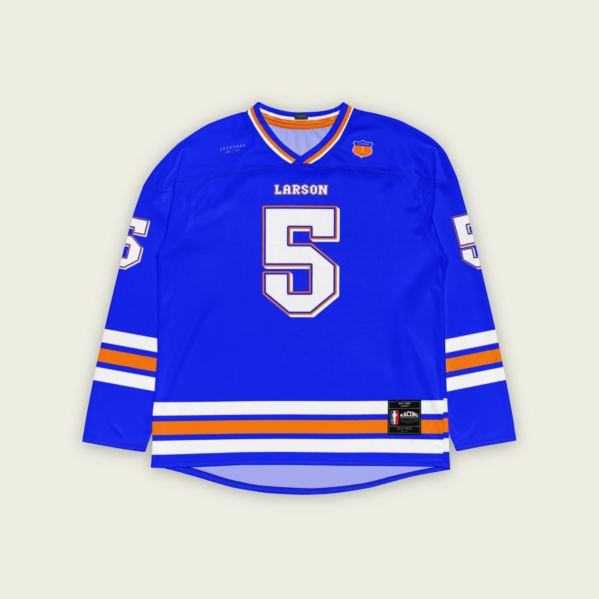 A blue hockey jersey with Kyle Larson's name on the front and back, with his nascar racing number in white on the back and front.