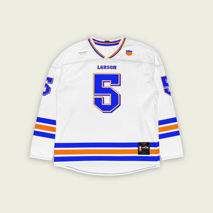 A white hockey jersey with Kyle Larson's nascar racing number 5 in blue with a orange outline. The name larson is also on the front and back.