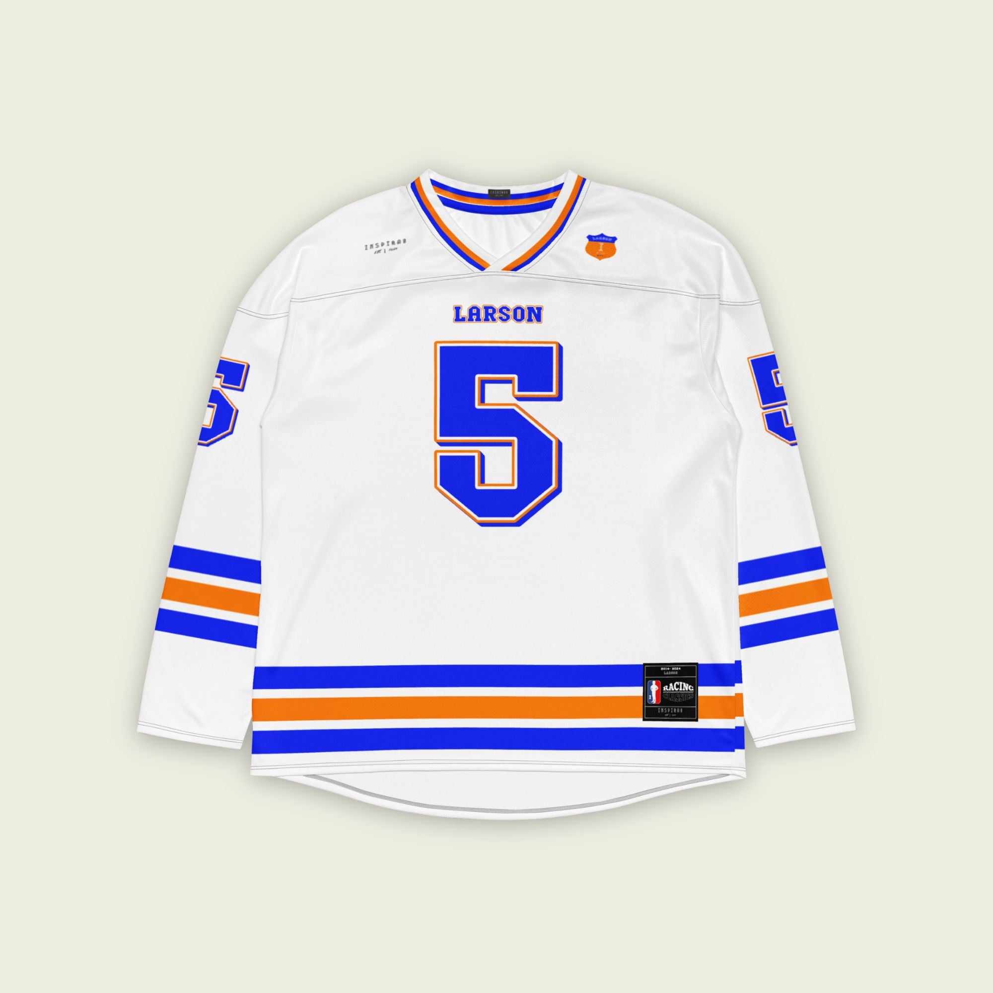 A white hockey jersey with Kyle Larson's nascar racing number 5 in blue with a orange outline. The name larson is also on the front and back.