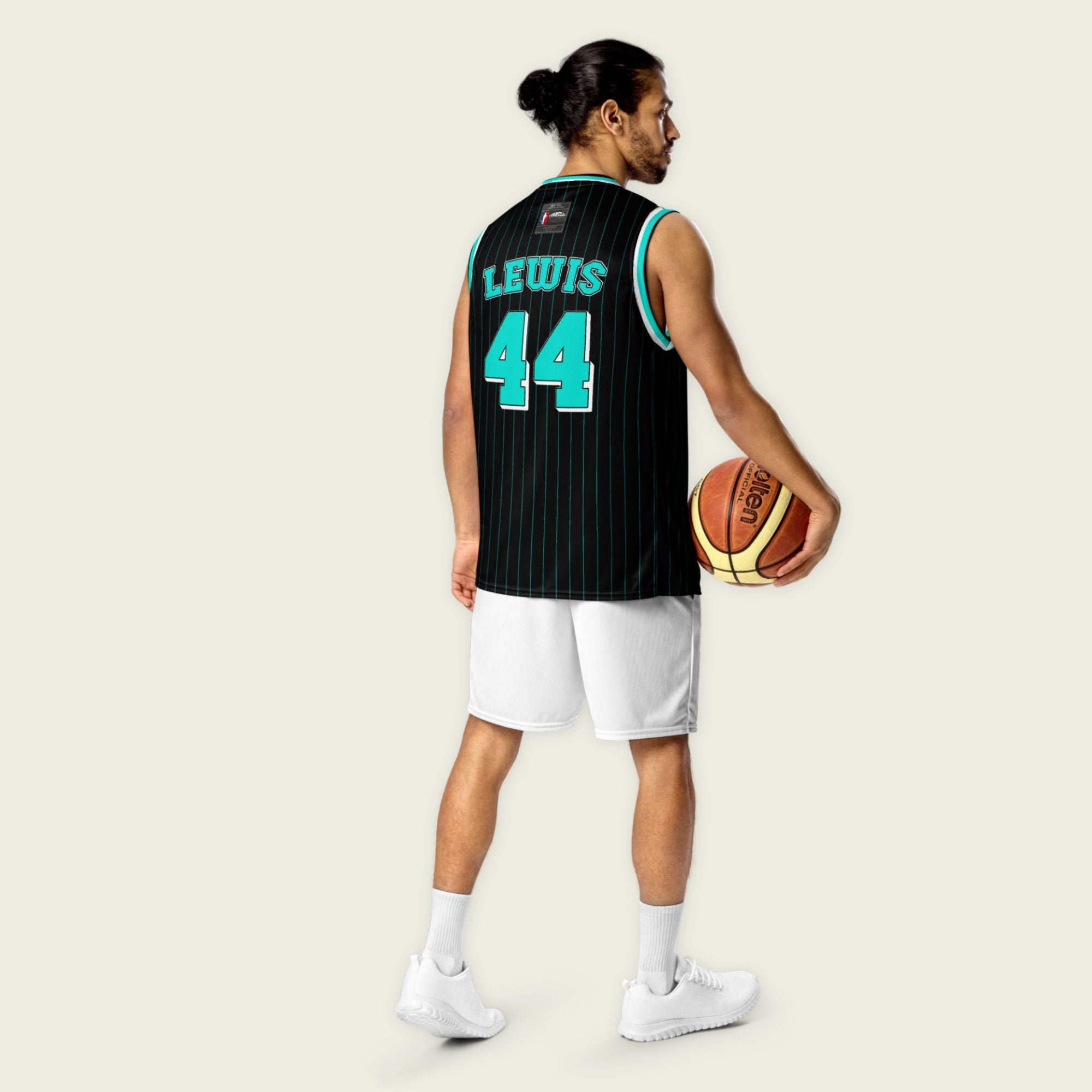 A black and turquoise pint striped basketball singlet with Lewis Hamiltons Mercedes F1 Racing number 44 on the front and back.