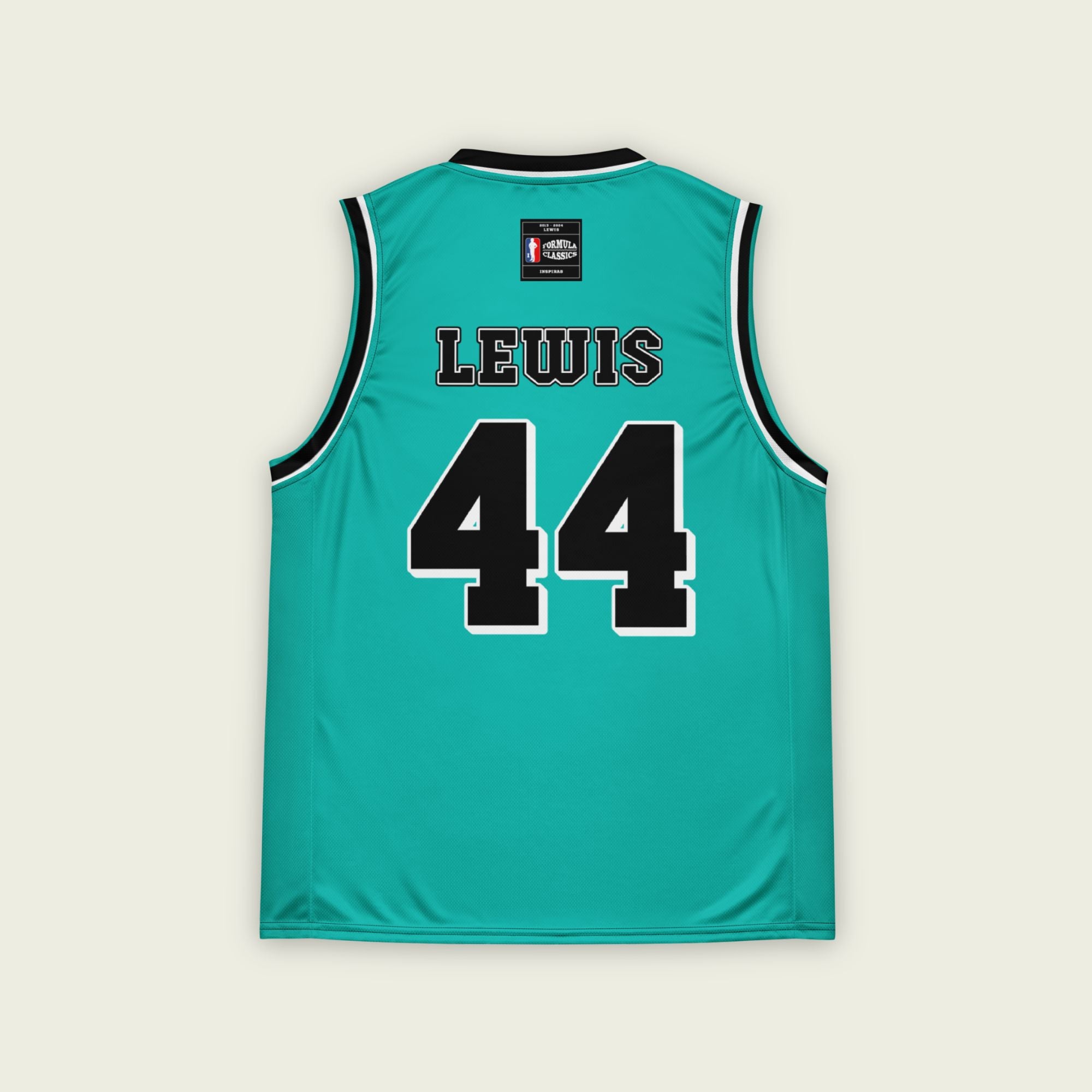 A green basketball jersey with Lewis Hamilton's Mercedes F1 racing number on the front and back on the black.