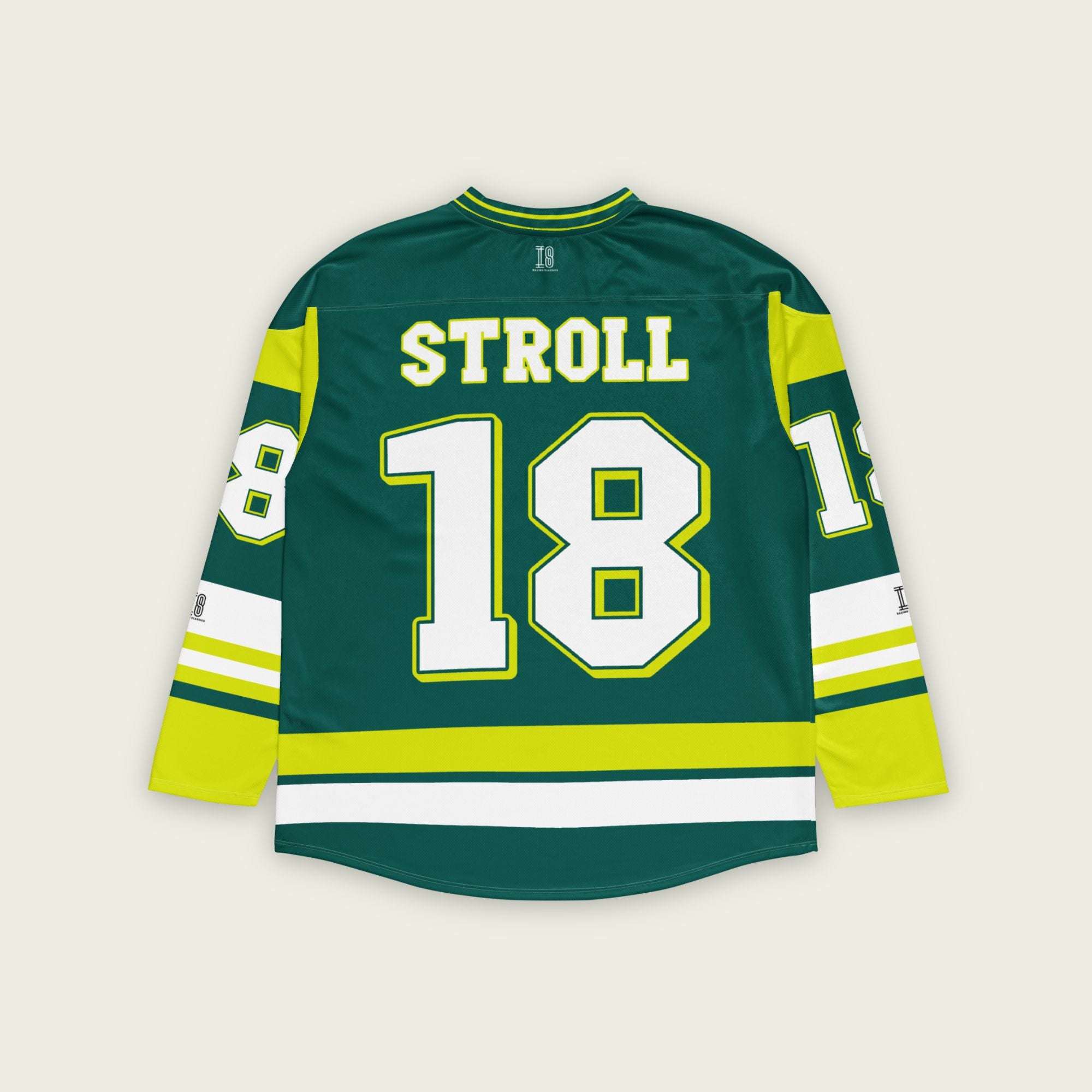 A british green hockey jersey with Lance Stroll's Aston Martin F1 racing number 18 in white on the front and back. It has the name Stroll on the back and front in white as well.