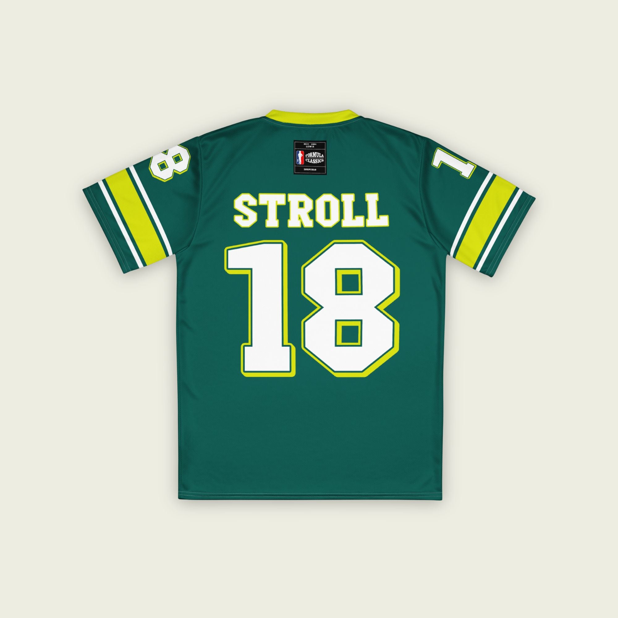 A british green and highlight yellow football jersey with Lance Stroll's Aston Martin F1 racing number 18 on the front and back. It has the name Stroll on the front and back as well in white with a yellow outline.