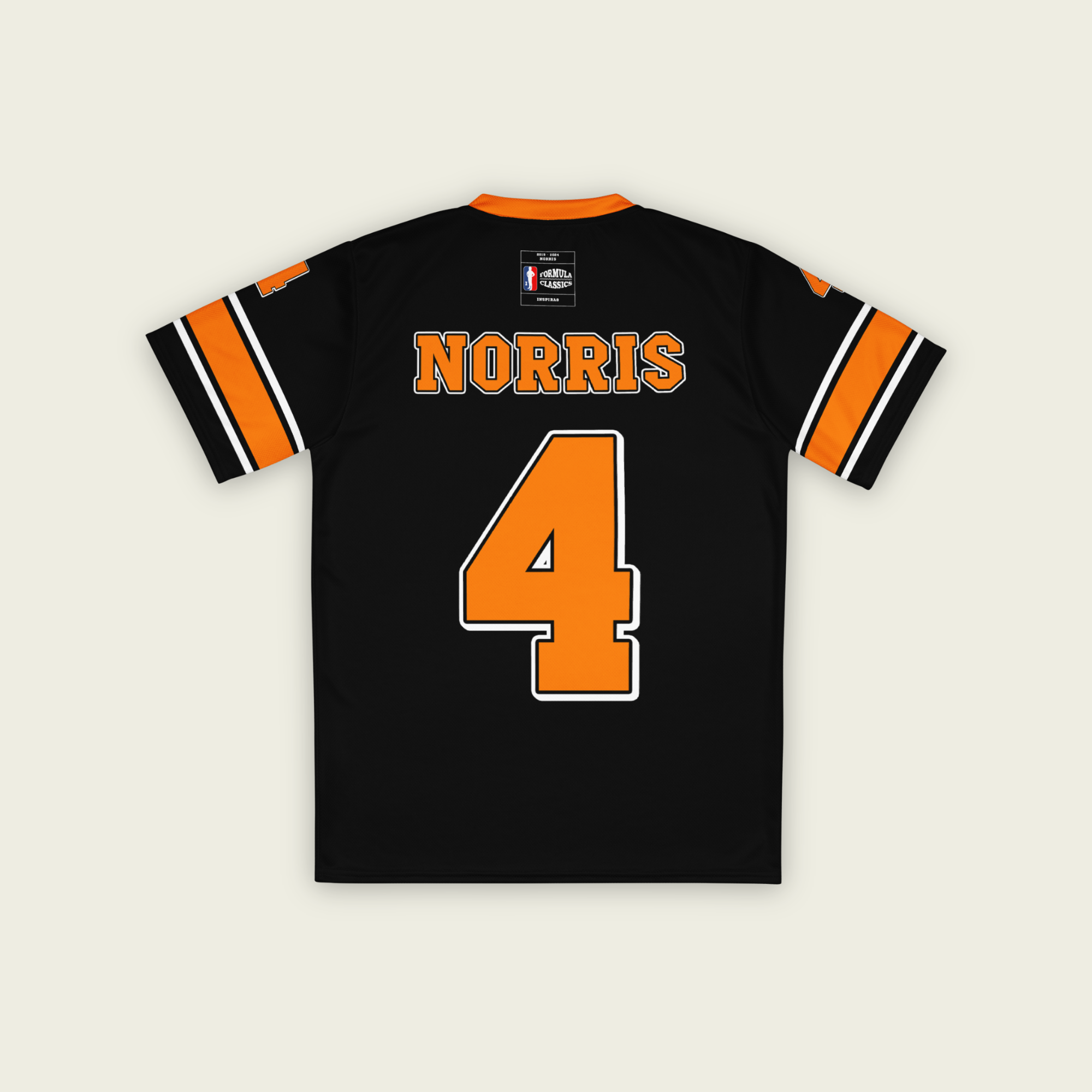 A black and Papaya orange football jersey with Lando Norris's McLaren F1 racing number 4 on the back and front in orange. It has the name Norris in papaya on the front and back as well.