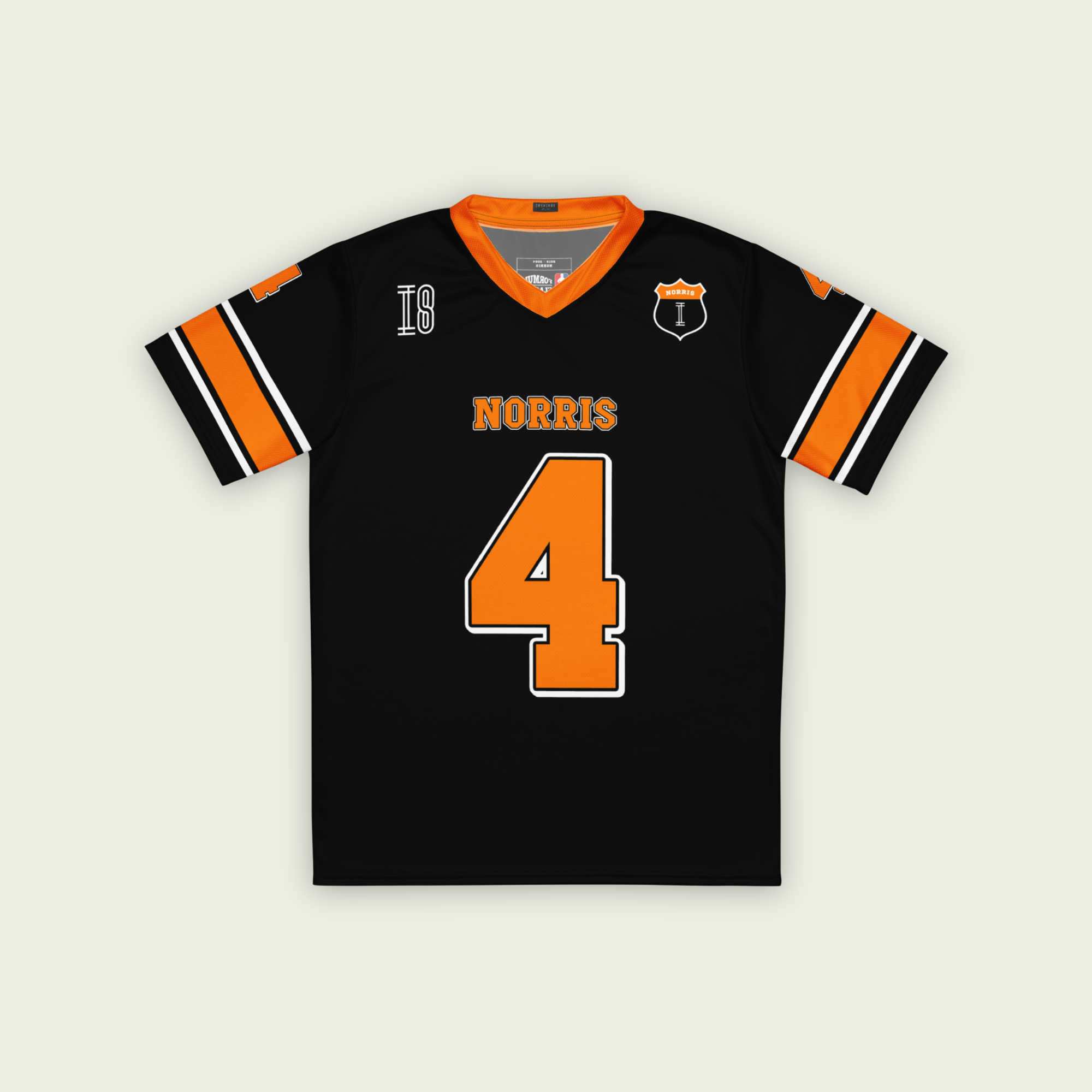 A black and Papaya orange football jersey with Lando Norris's McLaren F1 racing number 4 on the back and front in orange. It has the name Norris in papaya on the front and back as well.