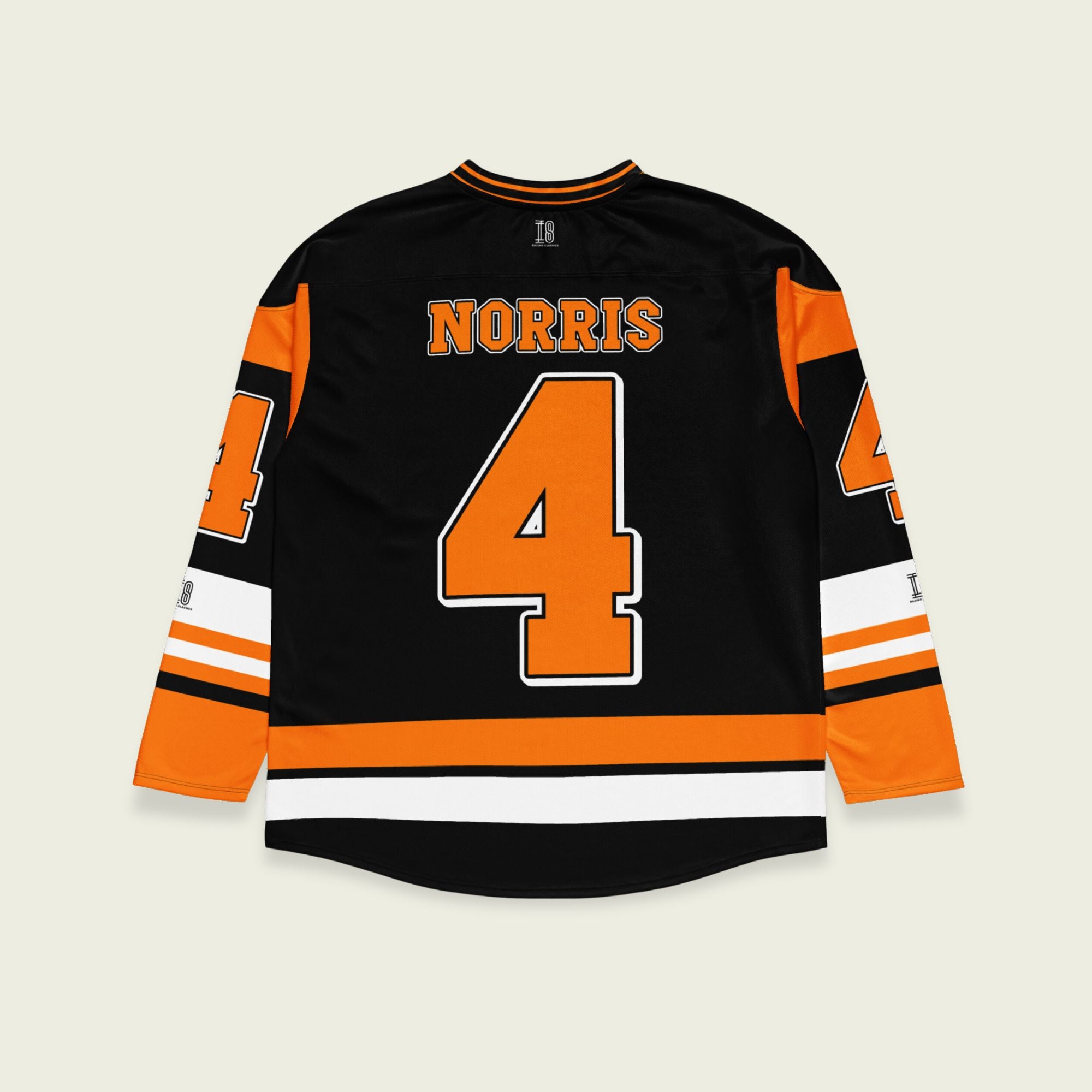 A black hockey jersey with Lando Norris mclaren F1 racing number 4 on the front and back in papaya orange, also the name norris is on the back and front in orange