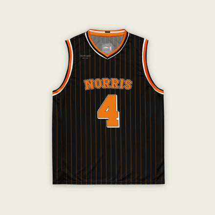 A black and papaya orange pin striped basketball Jersey with Lando Norris's McLaren F1 racing number 4 in orange on the front and back.