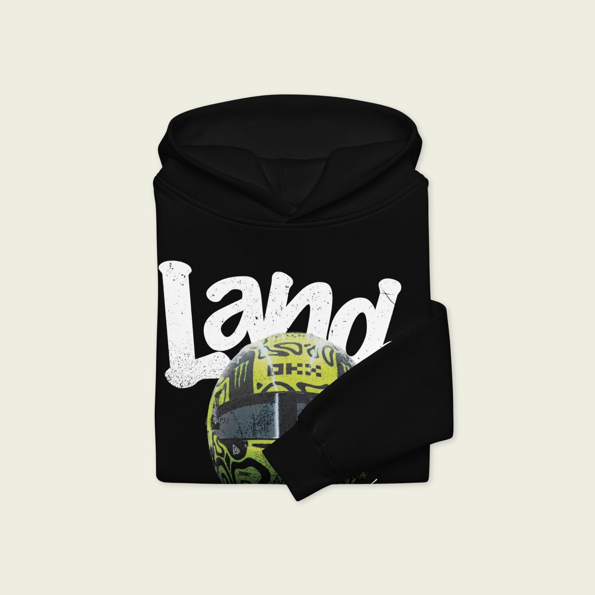 A black oversized hoodie with white text Lando on the front and lando norris's neon green helmut on the front.