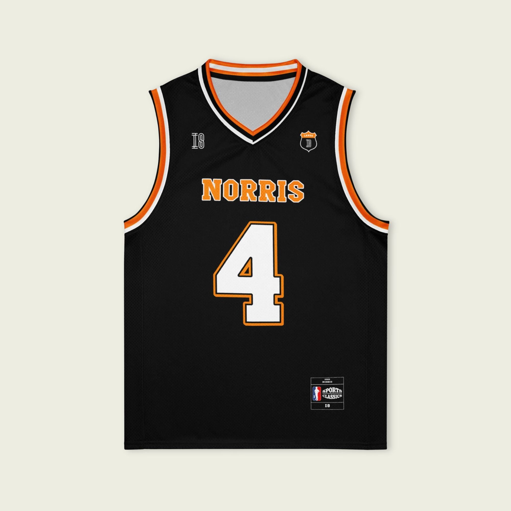A black and papaya orange basketball Jersey with Lando Norris's McLaren F1 racing number 4 in orange and white on the front and back.