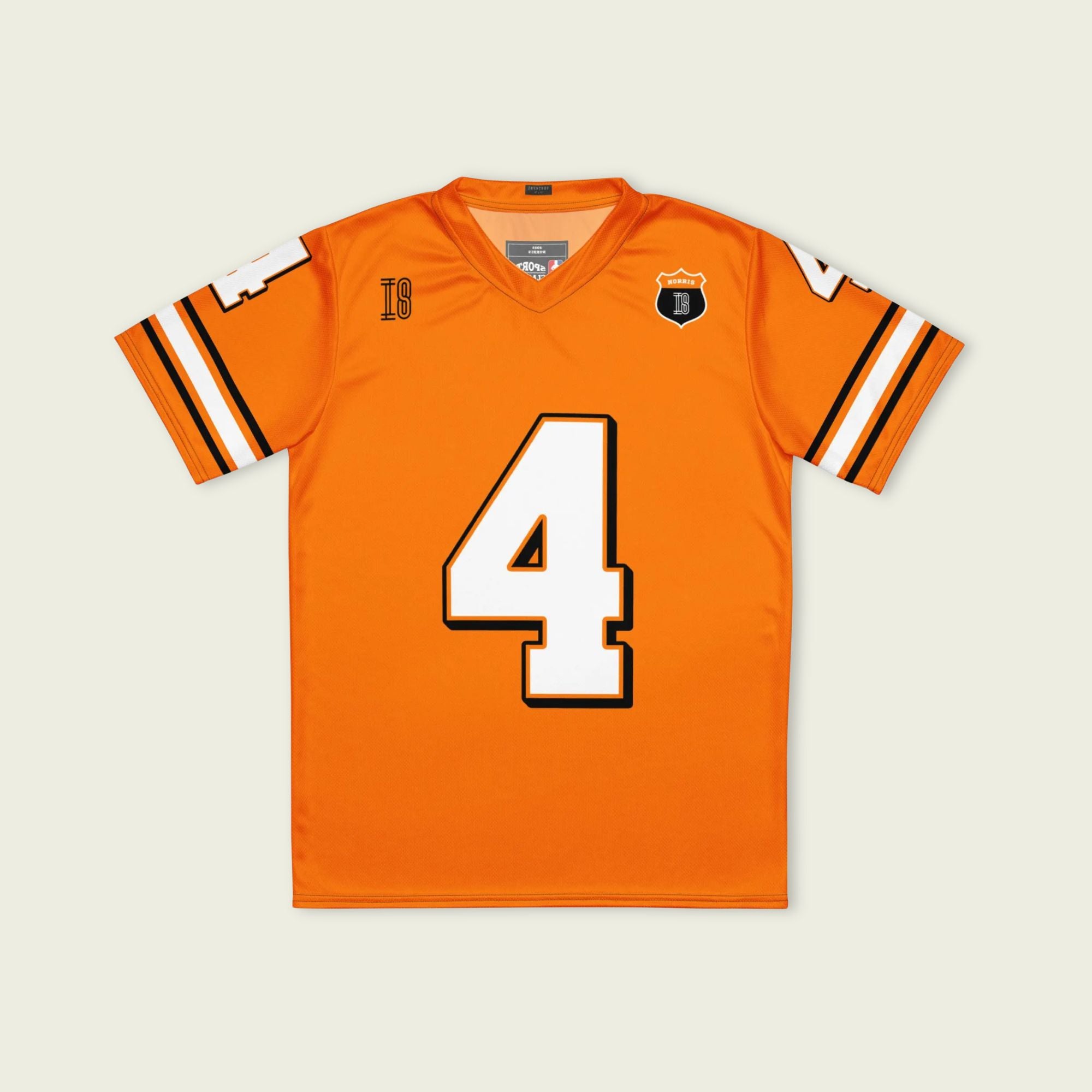 A papaya orange football jersey with Lando Norris's McLaren F1 Racing number 4 on the front and back.