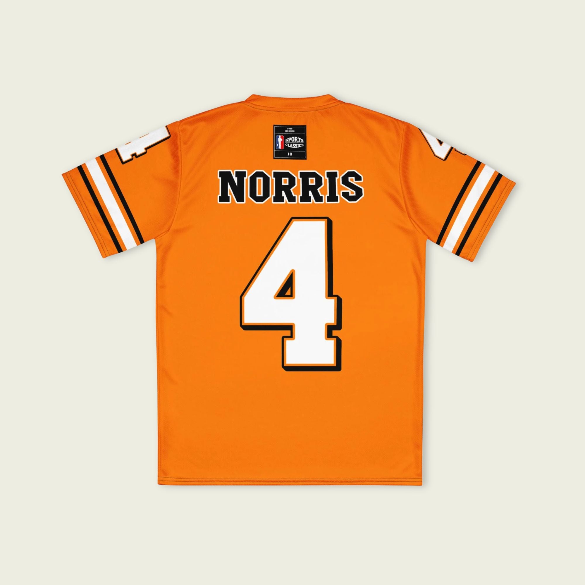 A papaya orange football jersey with Lando Norris's McLaren F1 Racing number 4 on the front and back.