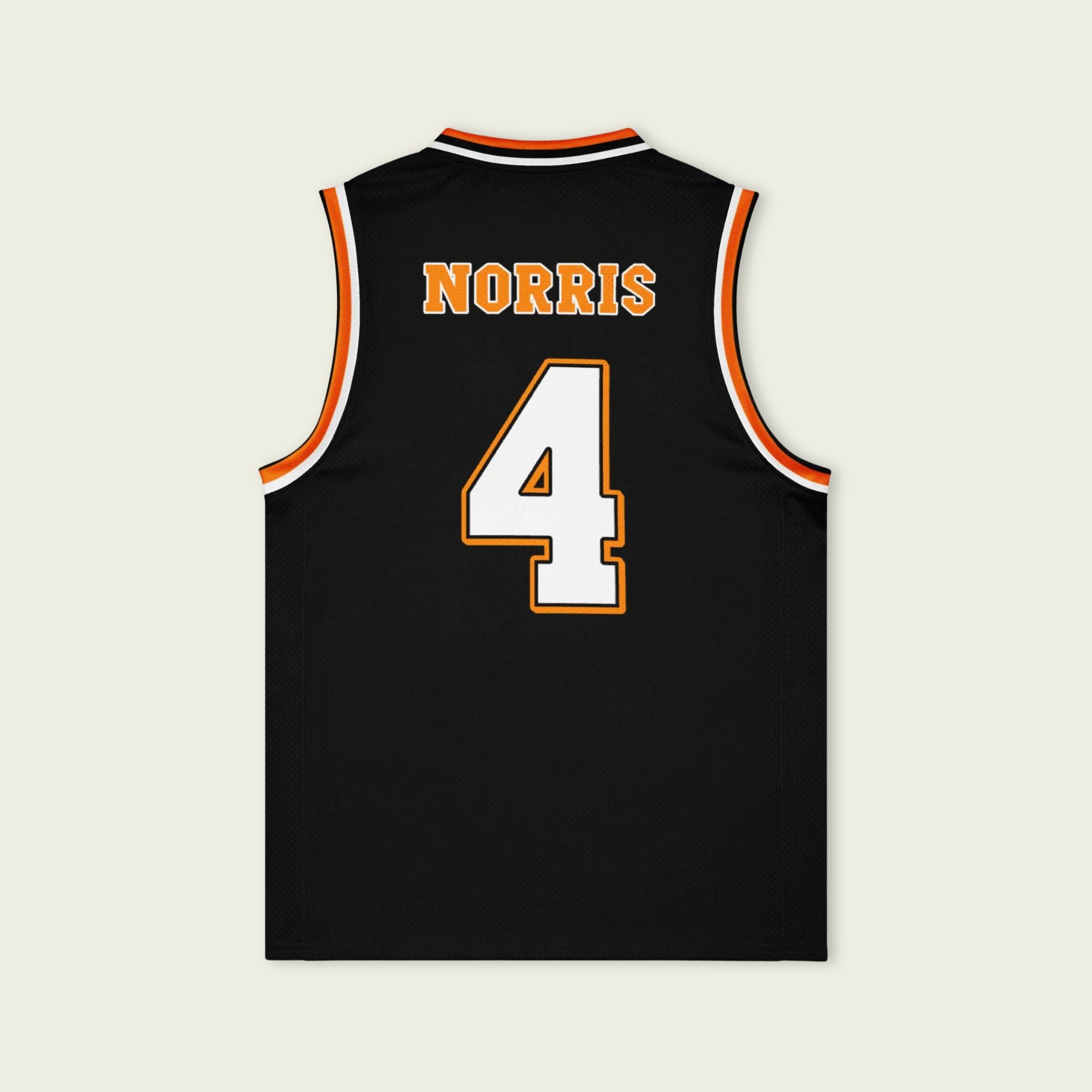 A black and papaya orange basketball Jersey with Lando Norris's McLaren F1 racing number 4 in orange and white on the front and back.