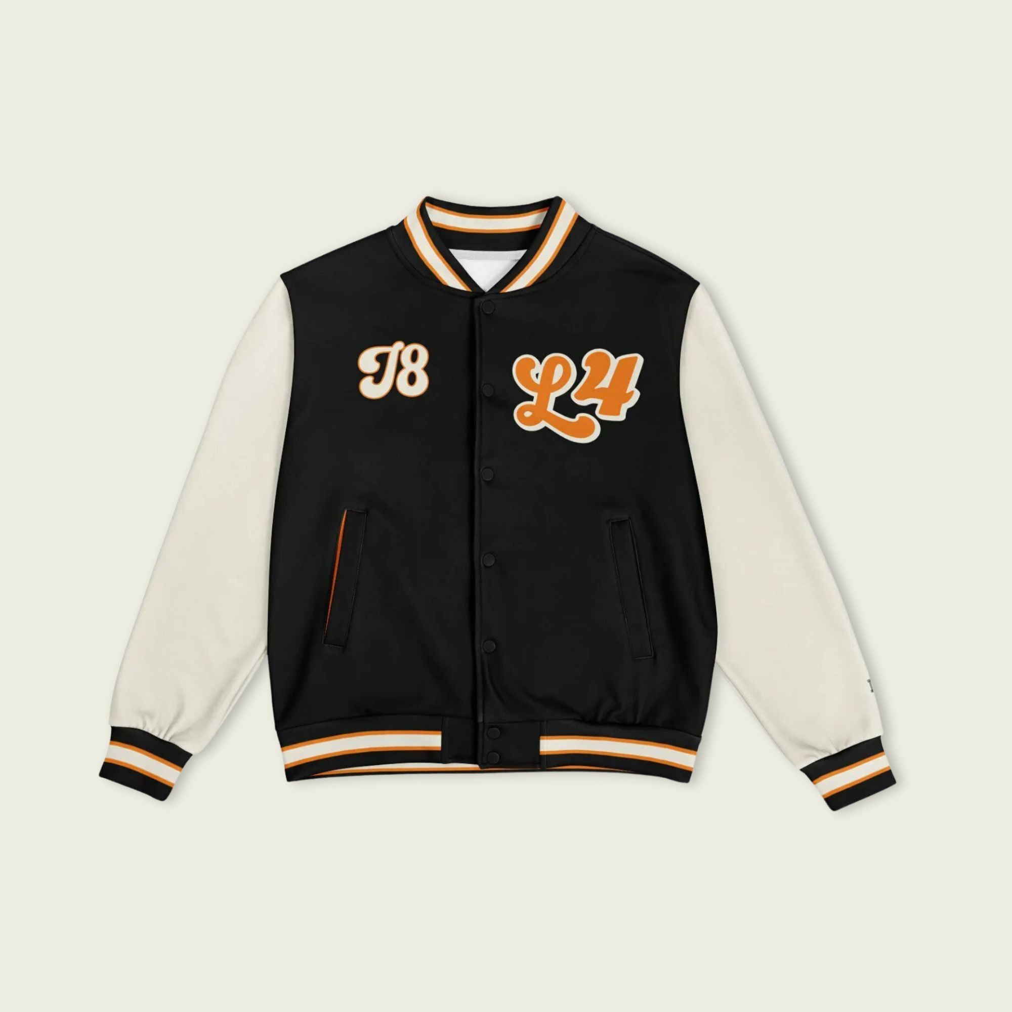 A black, papaya orange, and tan, varsity jacket with Oscar Piastri's McLaren F1 racing number 81 in orange on the front and back.