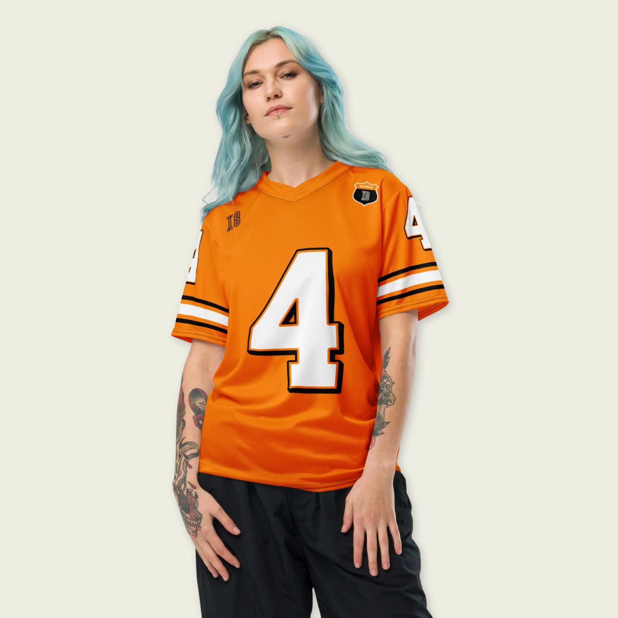 A papaya orange football jersey with Lando Norris's McLaren F1 Racing number 4 on the front and back.