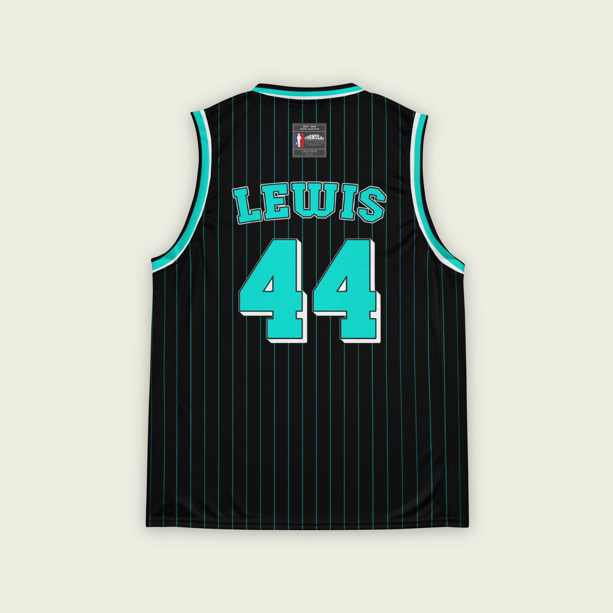 A black and turquoise pint striped basketball singlet with Lewis Hamiltons Mercedes F1 Racing number 44 on the front and back.
