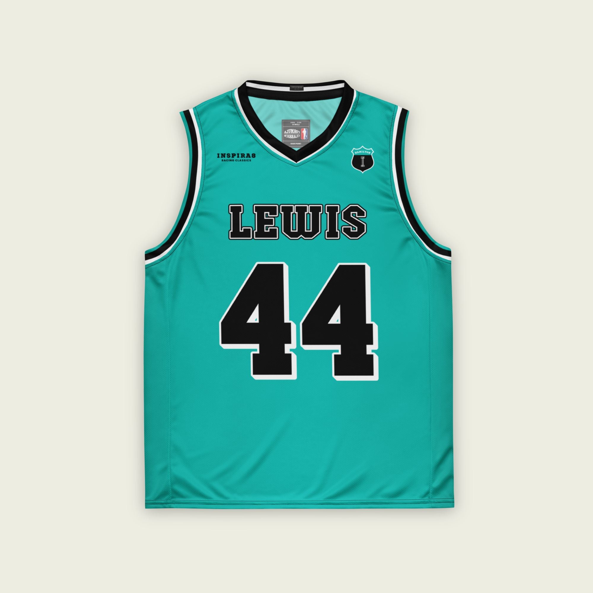 A green basketball jersey with Lewis Hamilton's Mercedes F1 racing number on the front and back on the black.