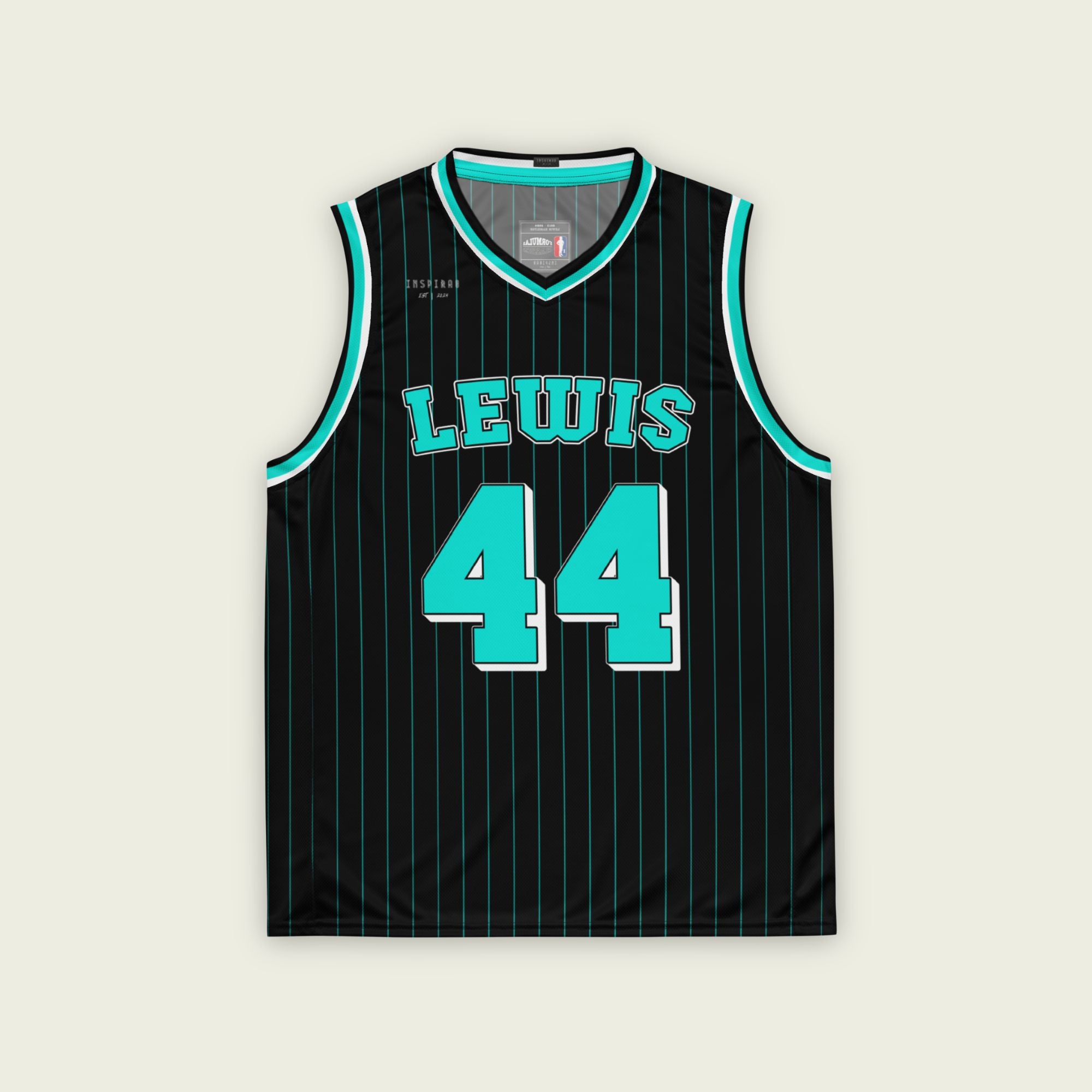 A black and turquoise pint striped basketball singlet with Lewis Hamiltons Mercedes F1 Racing number 44 on the front and back.