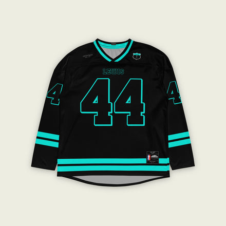 A black Lewis Hamilton hockey Jersey with his f1 racing number 44 in mercedes amg green color.