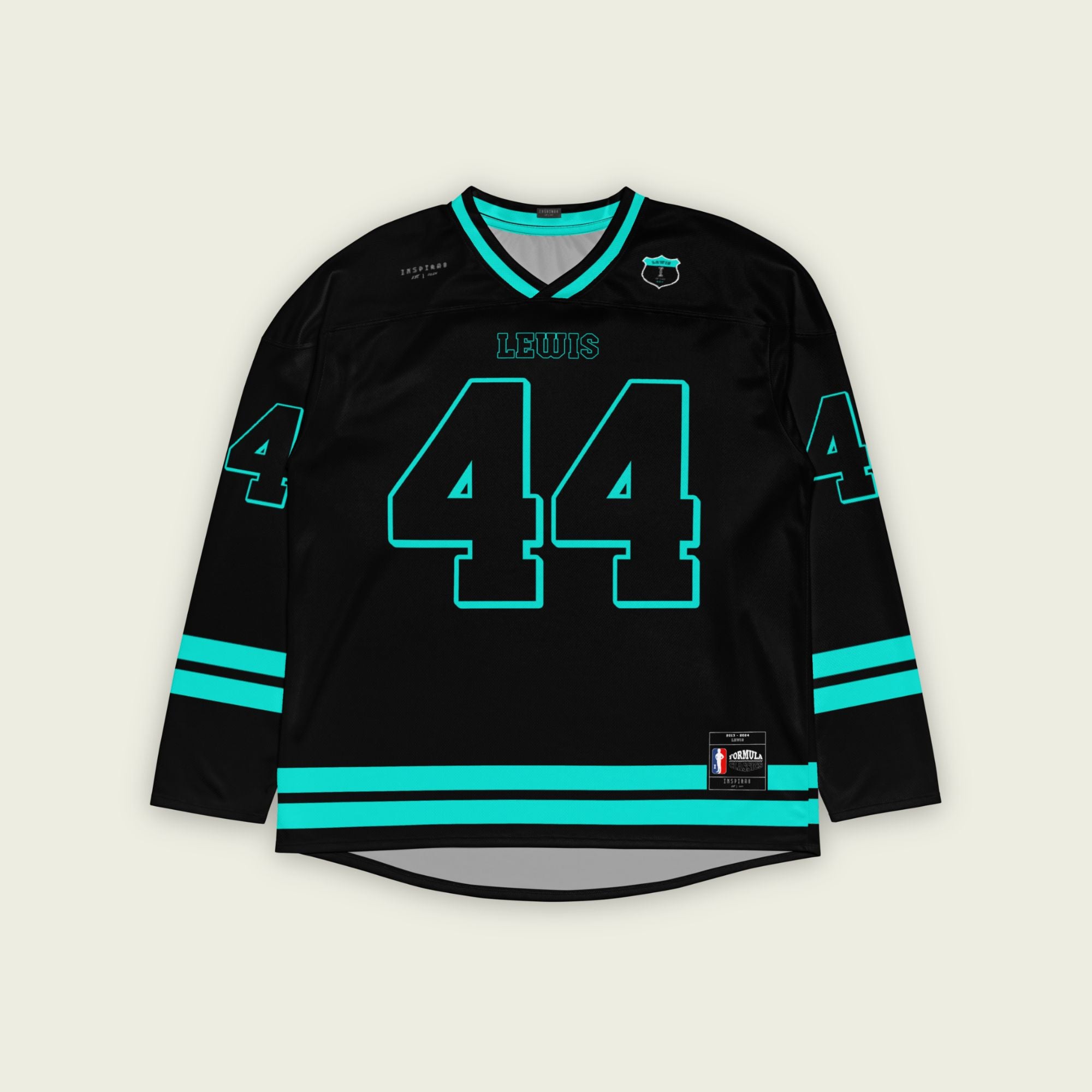 A black Lewis Hamilton hockey Jersey with his f1 racing number 44 in mercedes amg green color.
