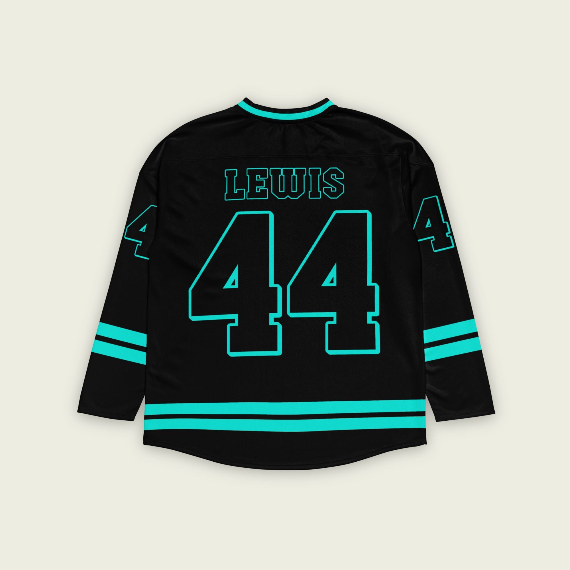 A black Lewis Hamilton hockey Jersey with his f1 racing number 44 in mercedes amg green color.