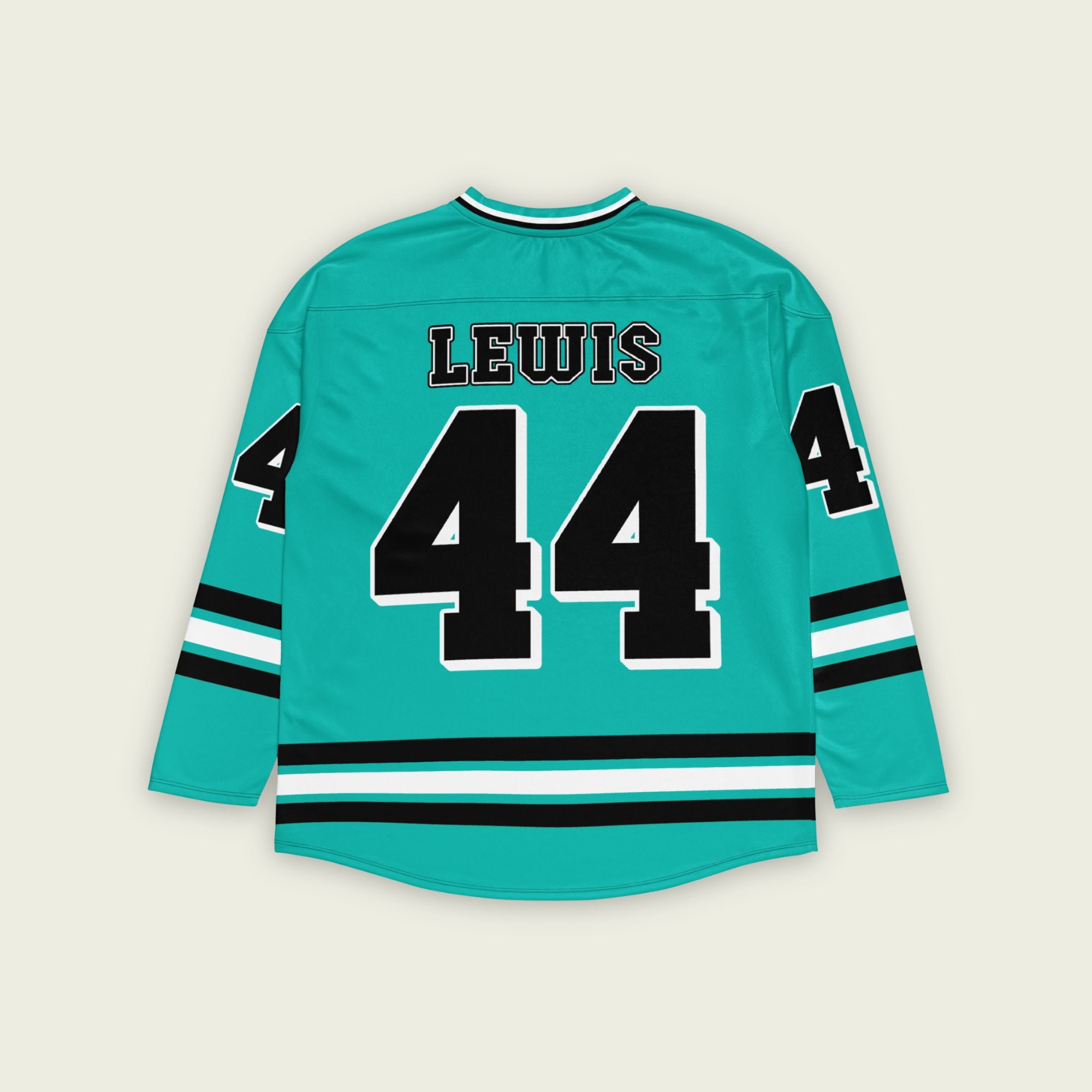 A turquoise green hockey jersey with a black number 44 of lewis hamilton's f1 racing number in black on the front and back.