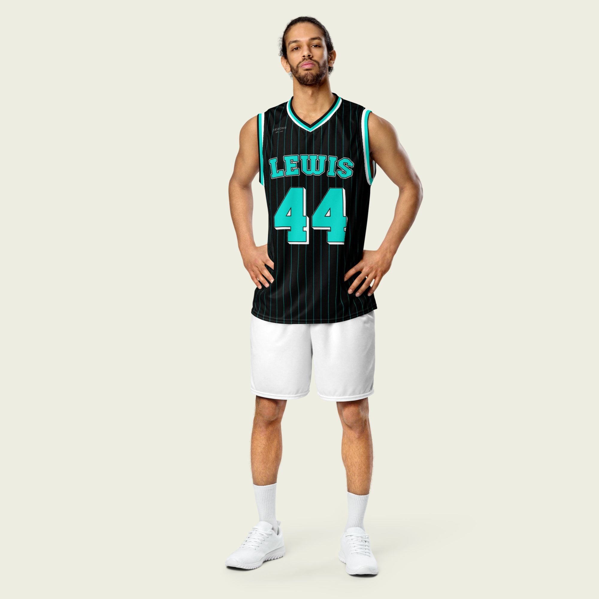 A black and turquoise pint striped basketball singlet with Lewis Hamiltons Mercedes F1 Racing number 44 on the front and back.