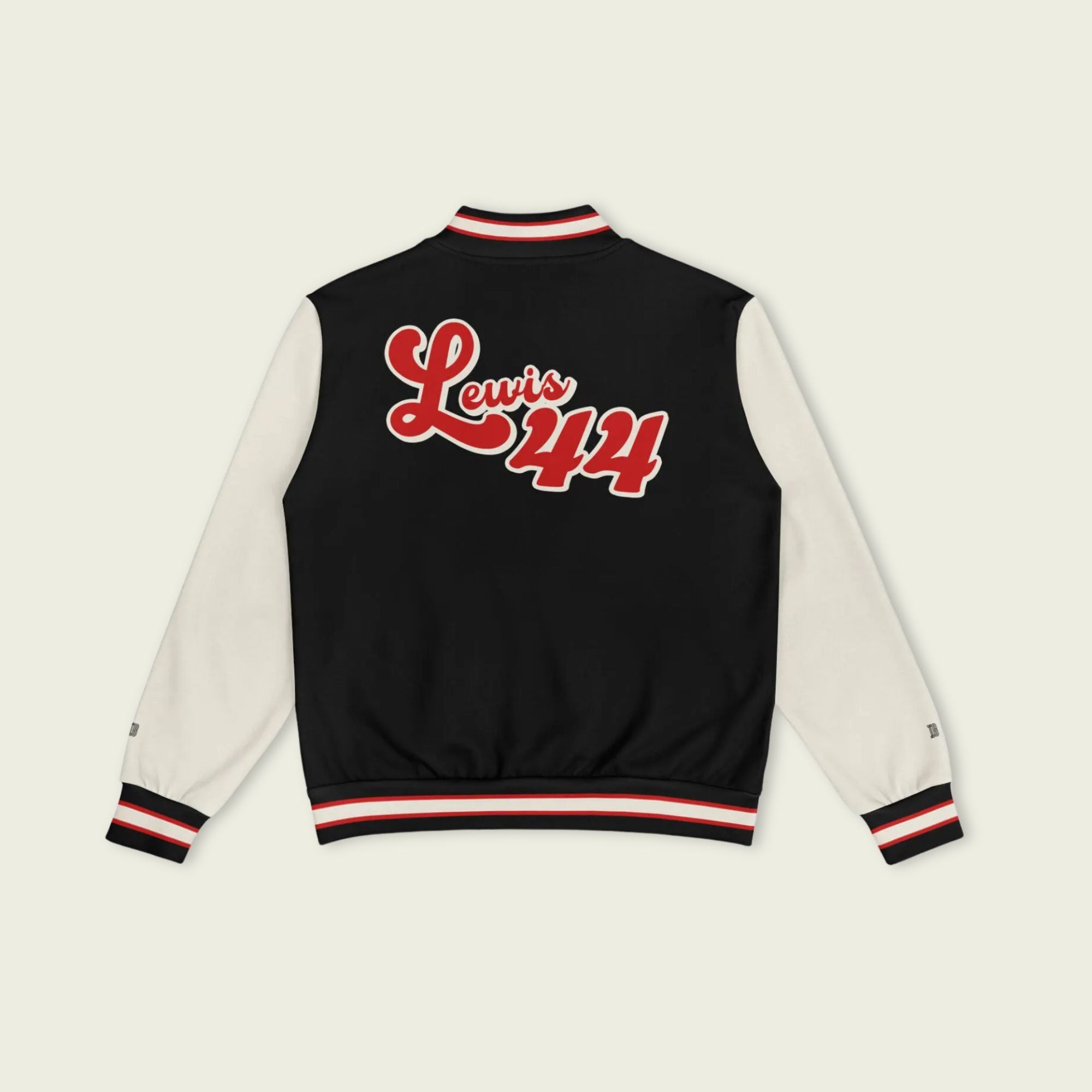 A black, red, and tan, varsity jacket with Lewis Hamilton's Ferrari F1 racing number 44 in red on the front and back.