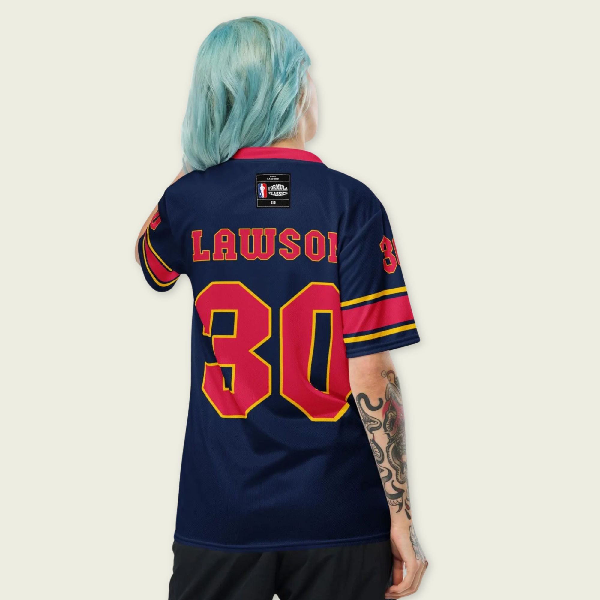 A navy blue football jersey with Liam Lawson Redbull F1 Racing number 30 on the front and back.