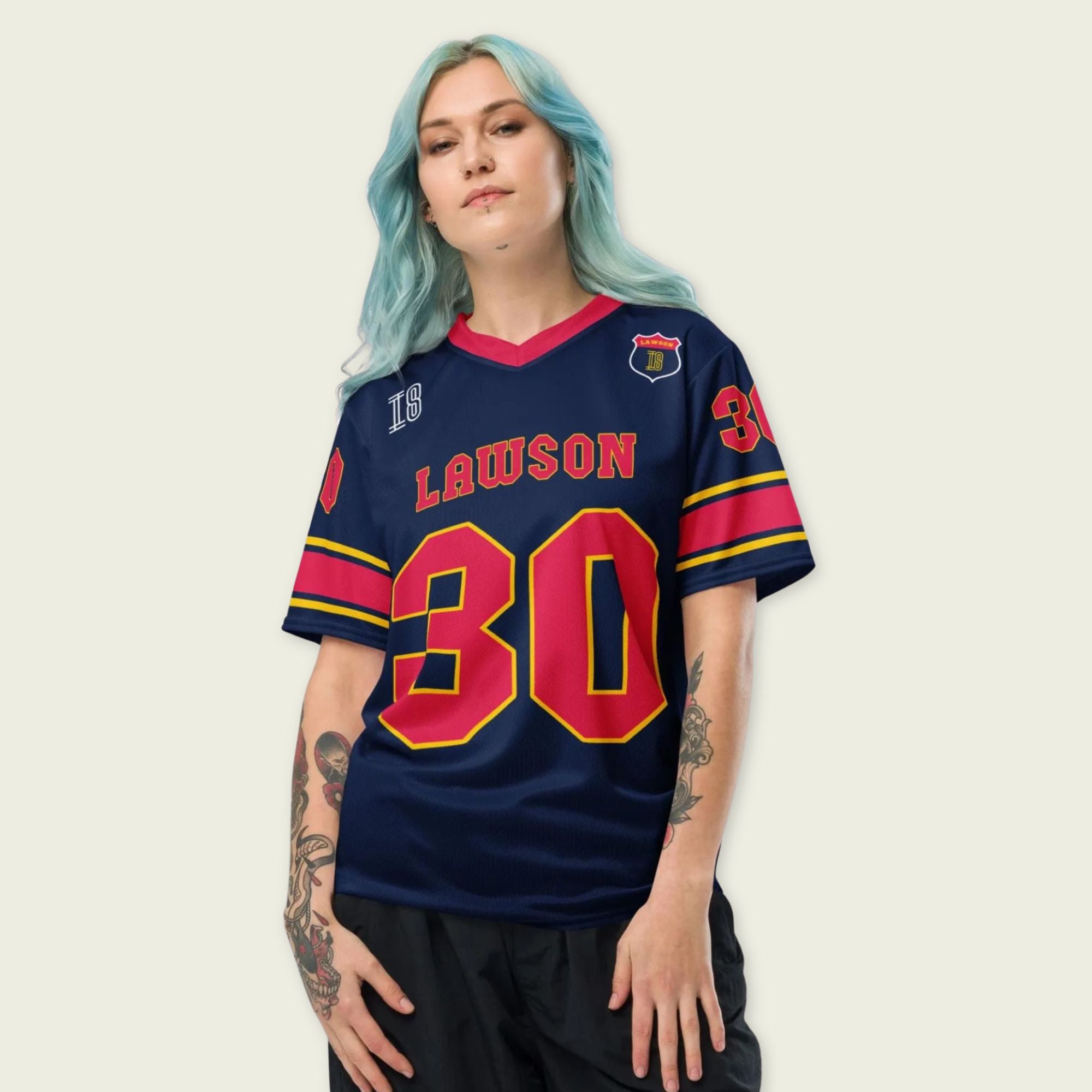 A navy blue football jersey with Liam Lawson Redbull F1 Racing number 30 on the front and back.