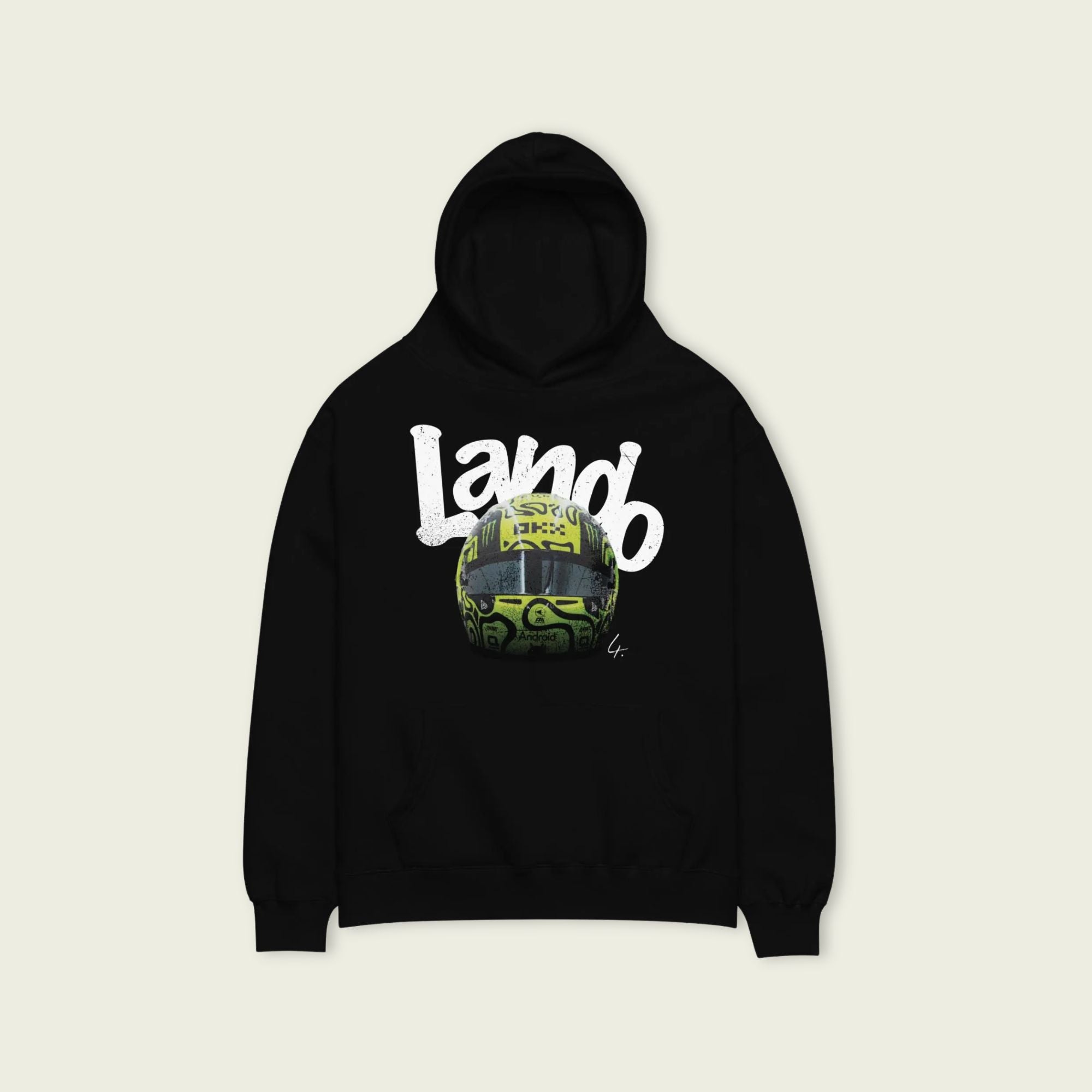 A black oversized hoodie with white text Lando on the front and lando norris's neon green helmut on the front.