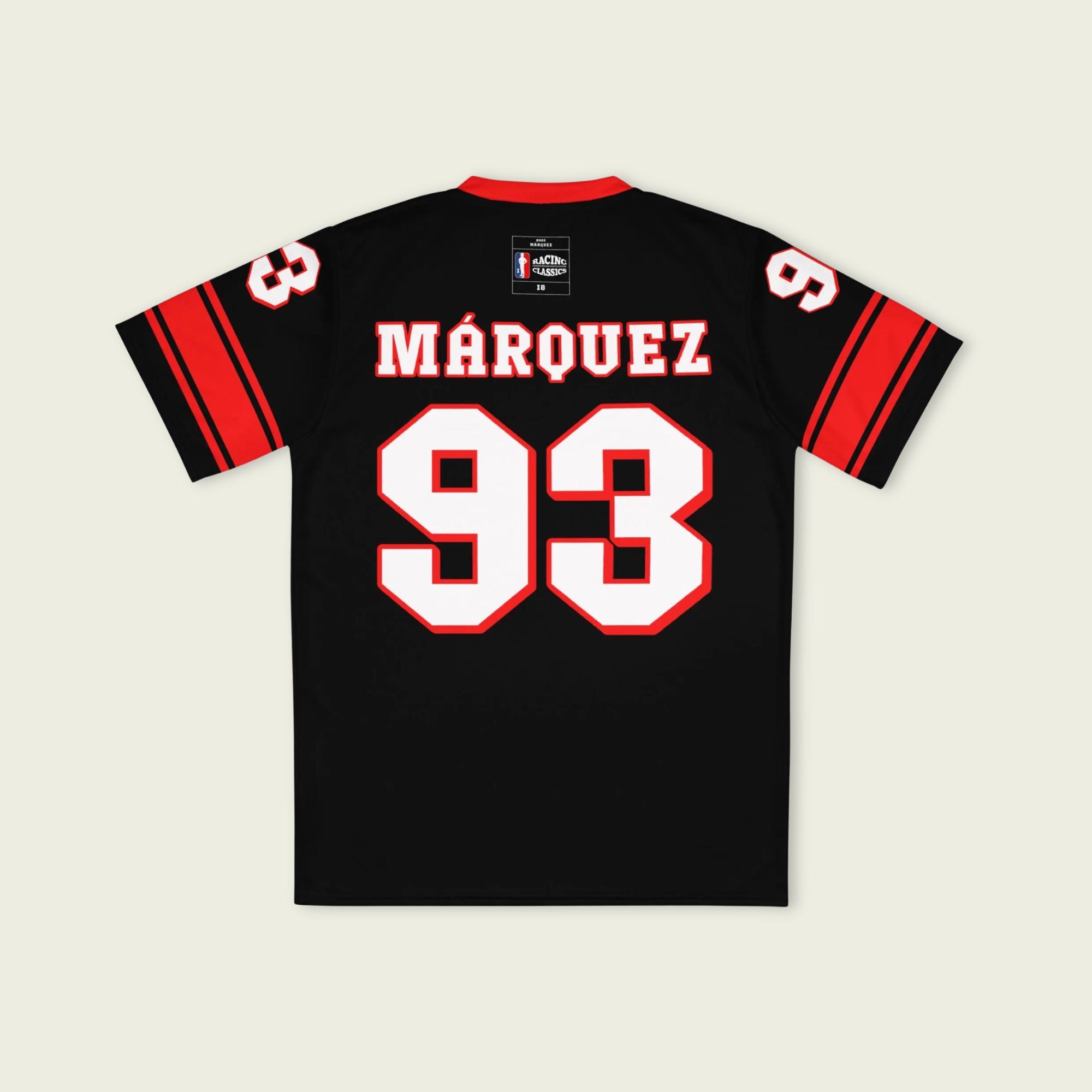 A black and red football jersey with Marc Márquez Moto GP racing number 93 in white with a red outline.