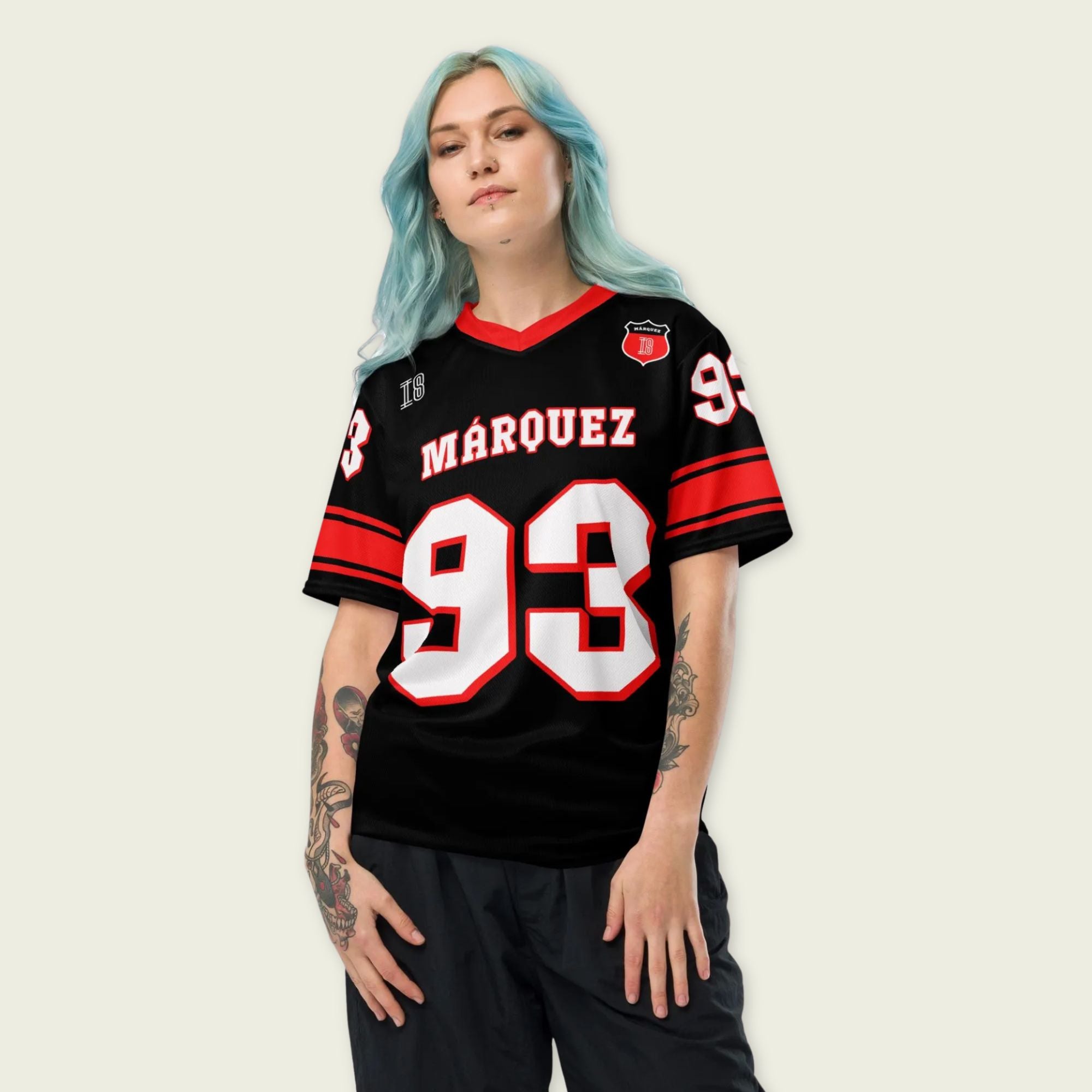A black and red football jersey with Marc Márquez Moto GP racing number 93 in white with a red outline.