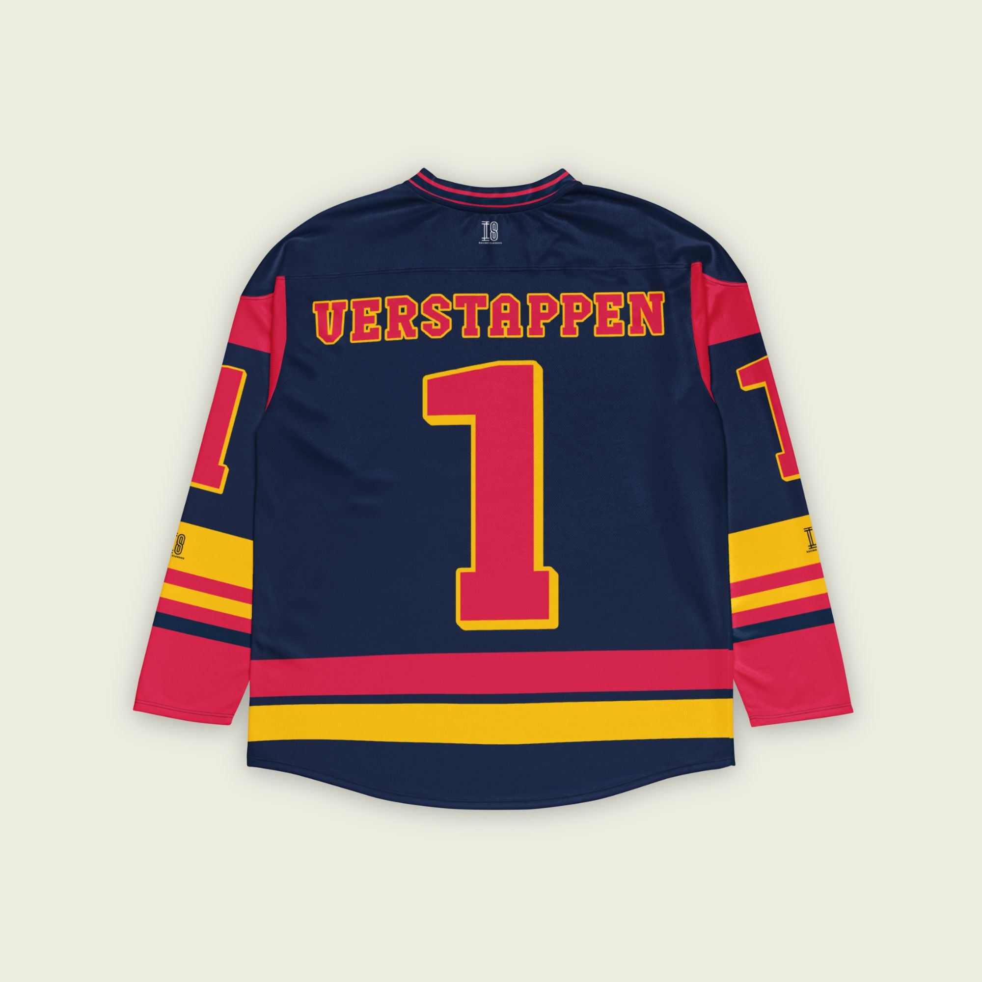 A navy blue hockey jersey with Max Verstappen's F1 racing number 1 in red on the front and back. It has the name Verstappen on the back and front in red as well.