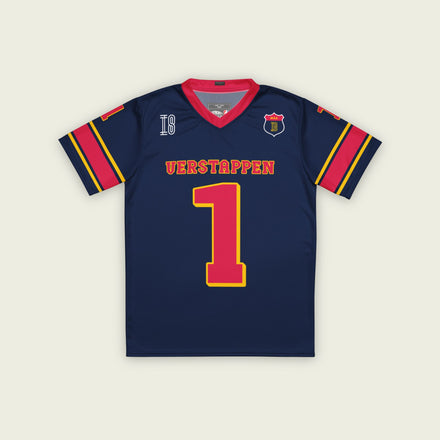 A navy blue and red football jersey with  Max Verstappen's Redbull F1 racing number 1 on the front and back.