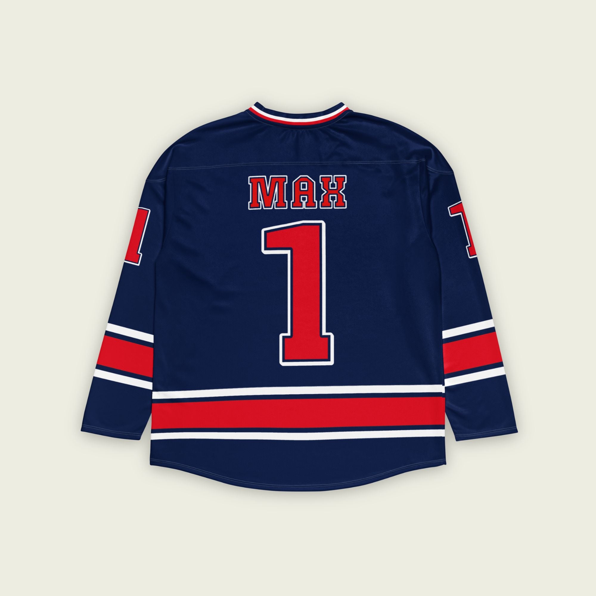 A navy blue and redhockey jersey with orange stripes at the bottom, and Max Verstappen's F1 racing number 1 on the front and back.