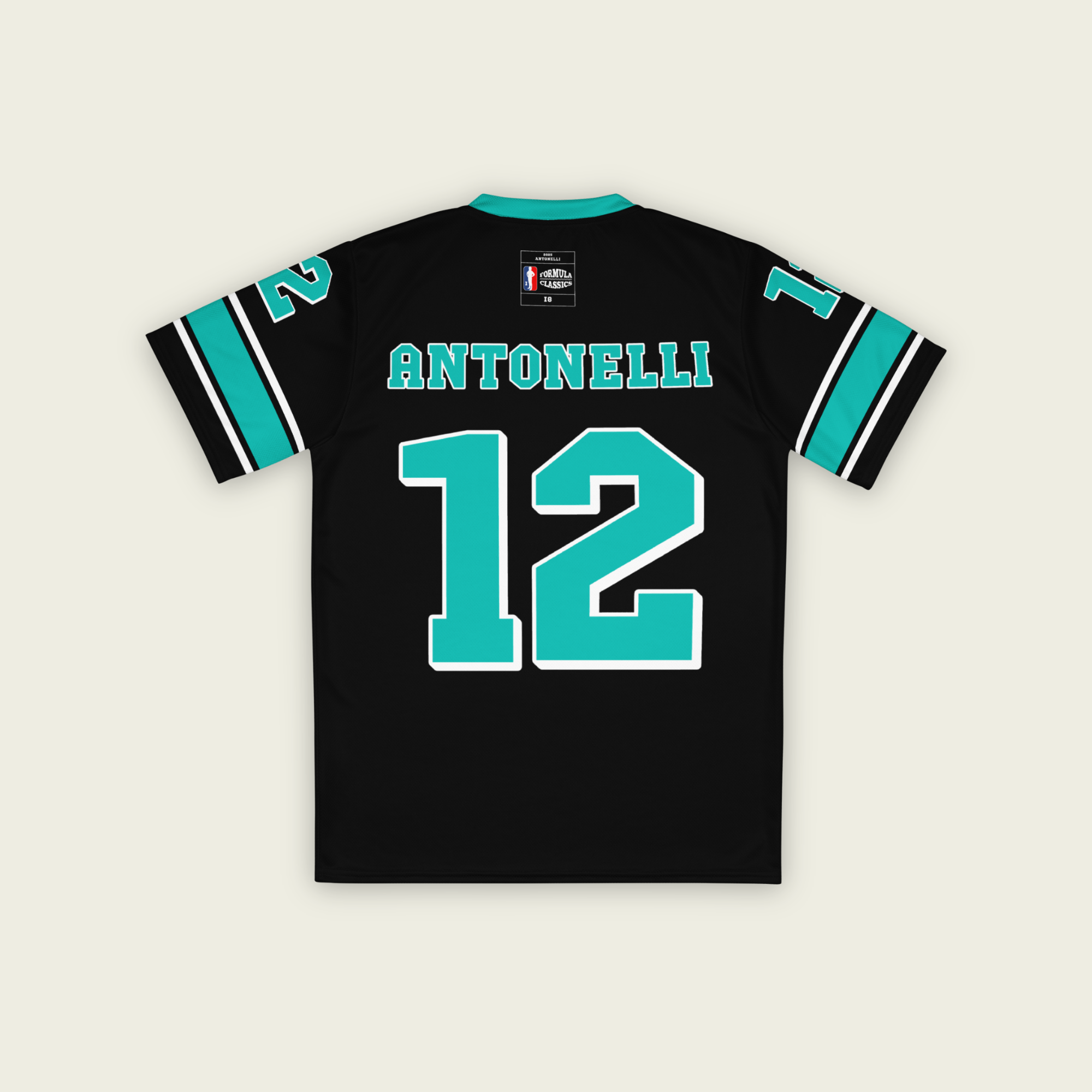 A black an turqoise colored football jersey with Kimi Antonelli's Mercedes F1 racing number 12 on the front and back