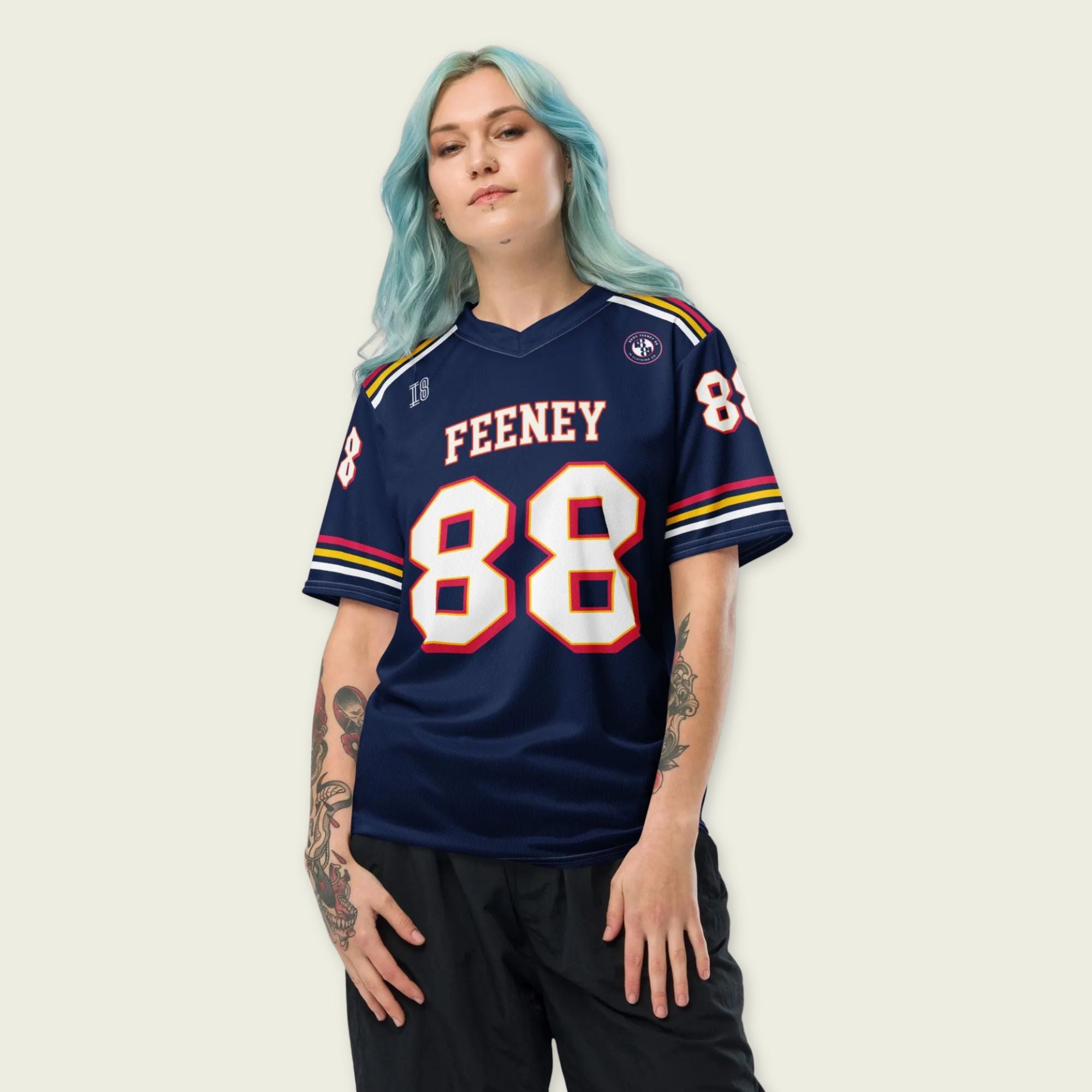 Person wearing a navy blue sports jersey with 'Feeney 88' on a plain background