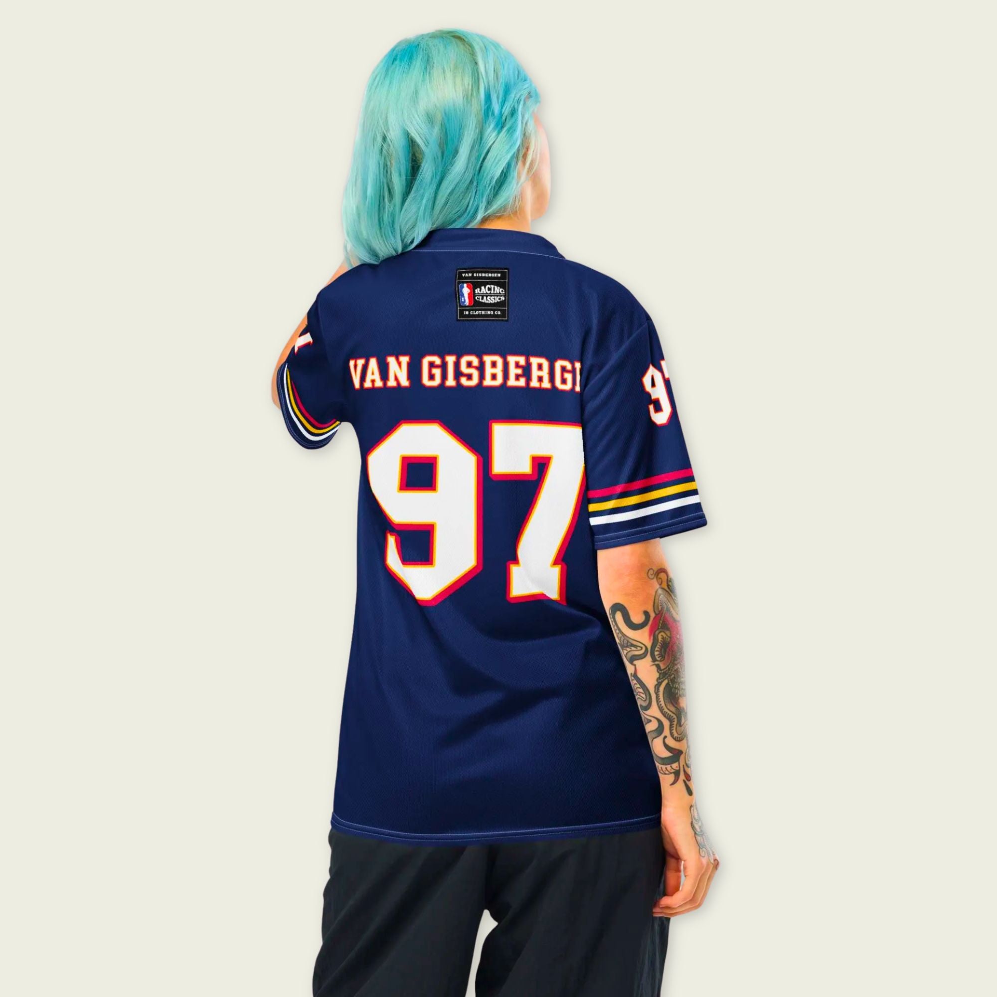 Person wearing a blue sports jersey with 'Van Gisbergen' and number '97' on a light gray background