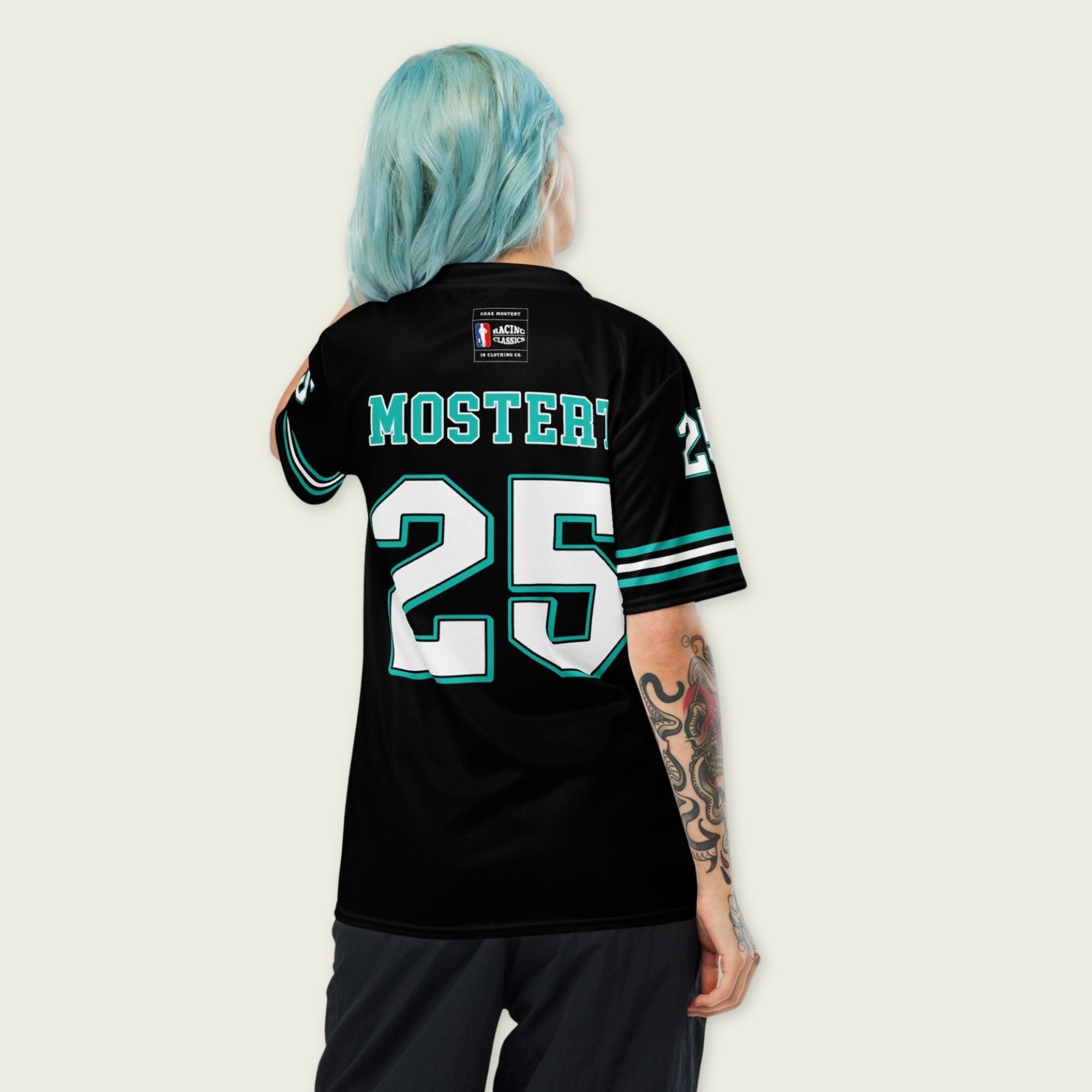 Person wearing a black sports jersey with 'MOSTER' and number '25' on a plain background
