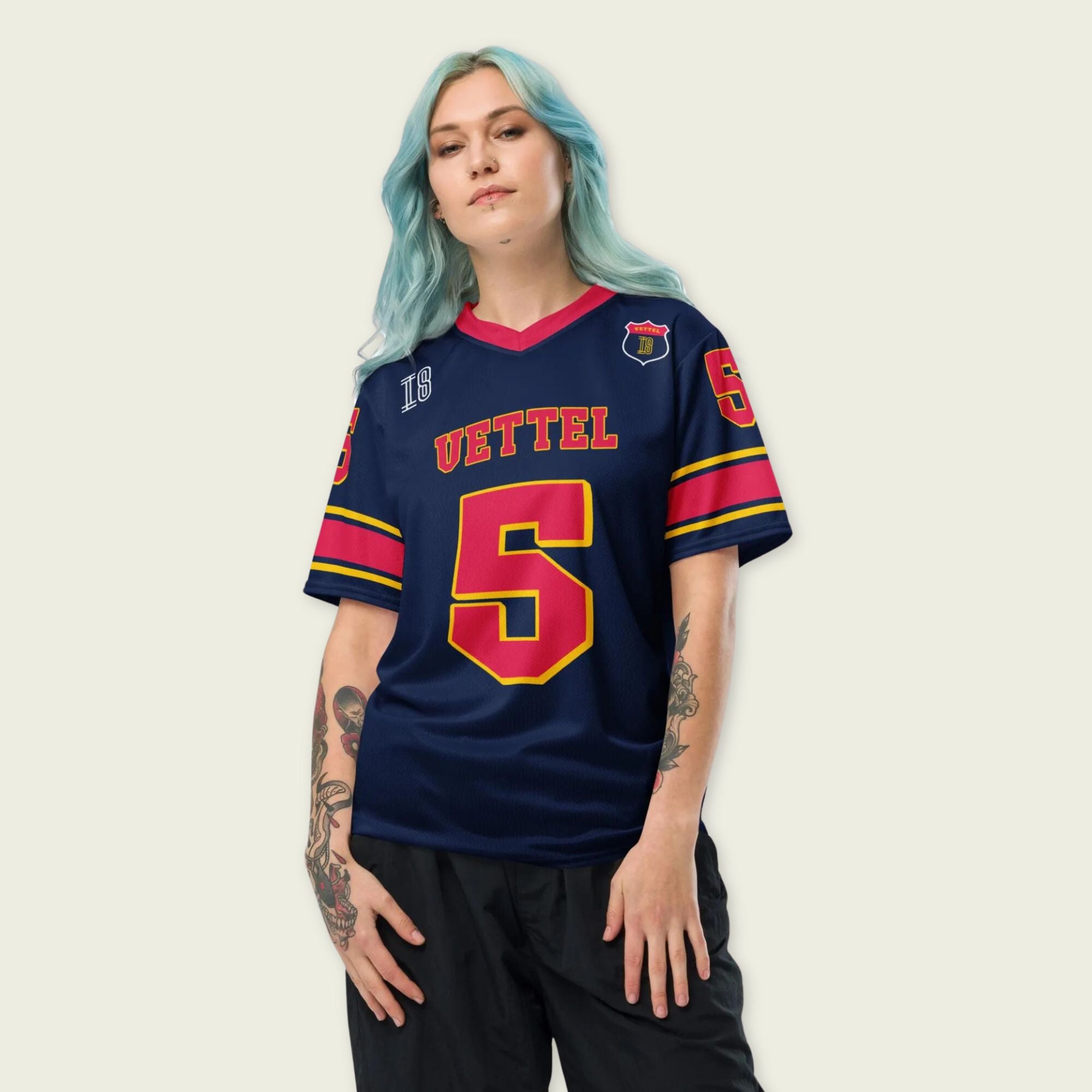 A navy blue football jersey with sebastian vetel redbull  F1 Racing number 5 on the front and back.