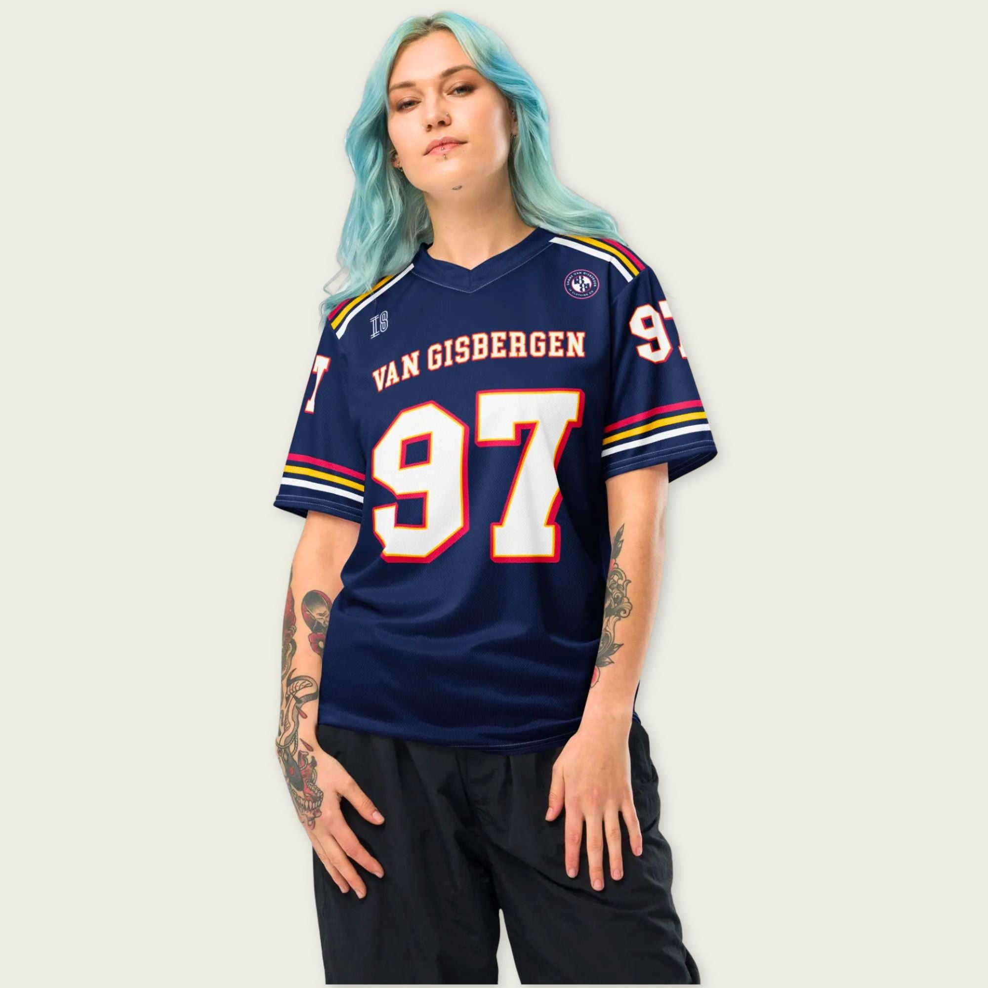 Person wearing a navy blue sports jersey with 'Van Gisbergen' and number '97' on a plain background