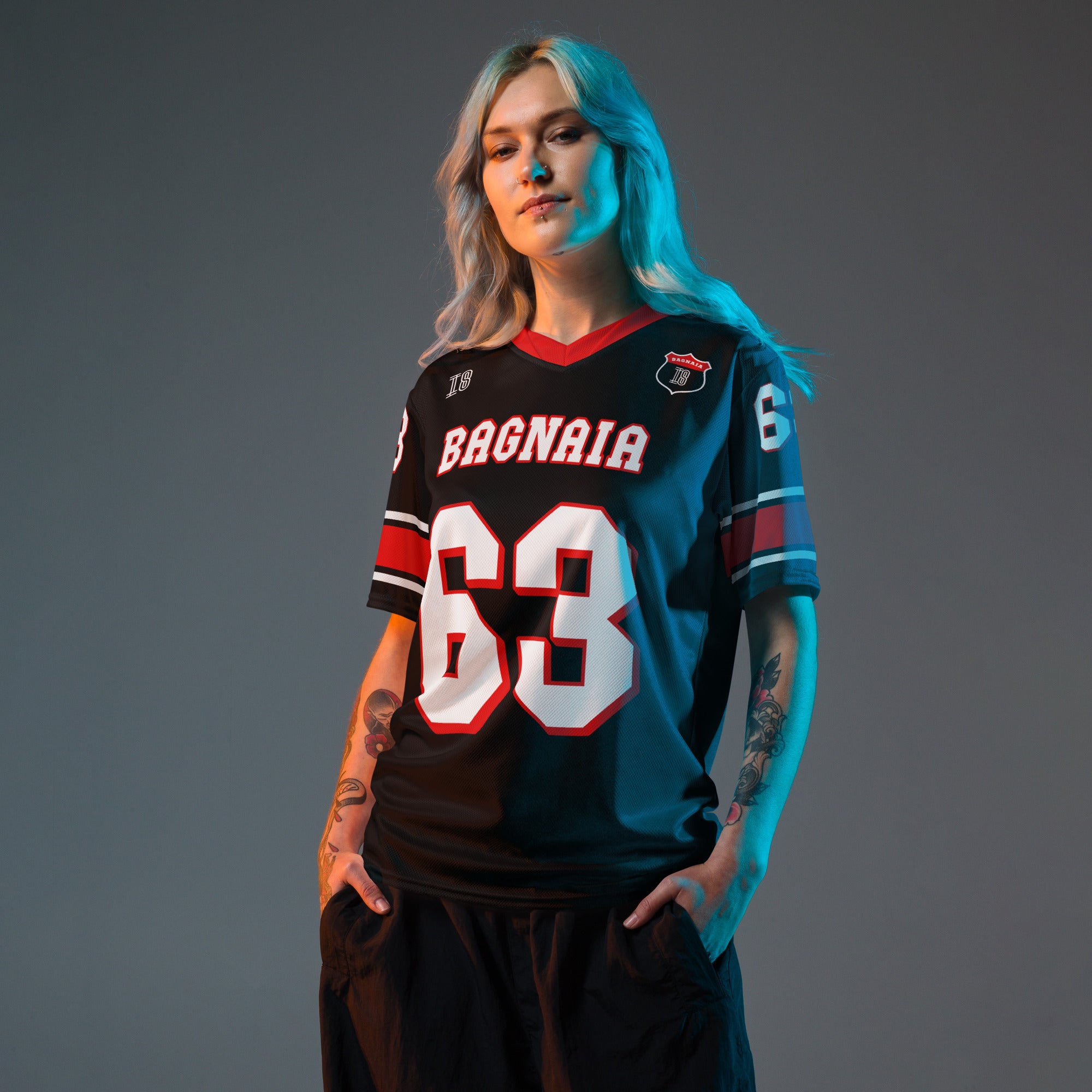 A black and red football jersey with Francesco Bagnaia Moto GP racing number 63 in white with a red outline.