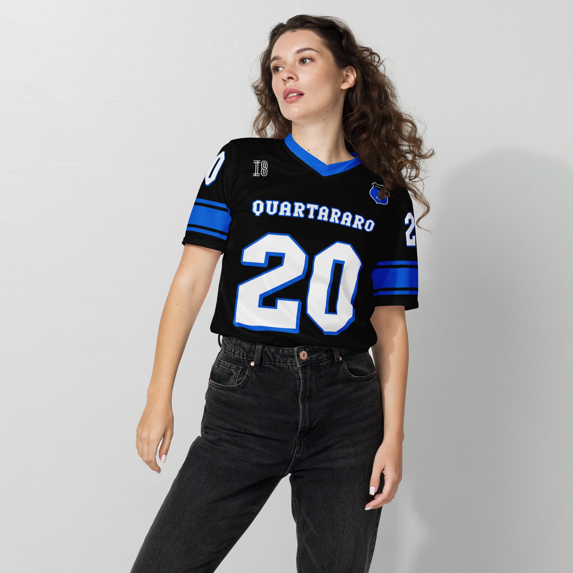 A black and blue football jersey with Fabio Quartararo Moto GP racing number 20 in white with a blue outline.