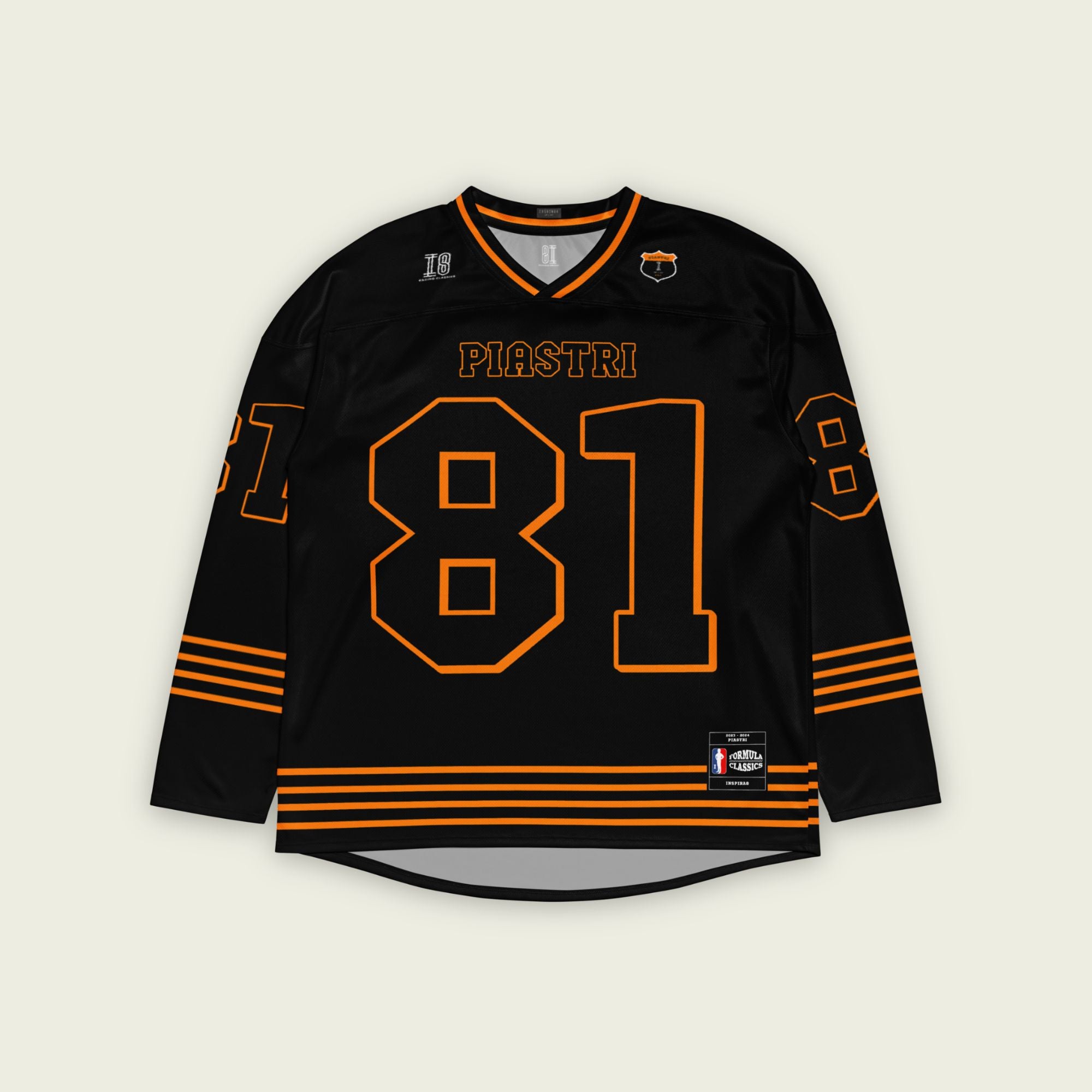 A black ands papaya orange hockey jersey with Oscar Piastri's McLaren F1 racing number 83 in Orange on the front and back. It has the name Piastri the back and front in Orange as well