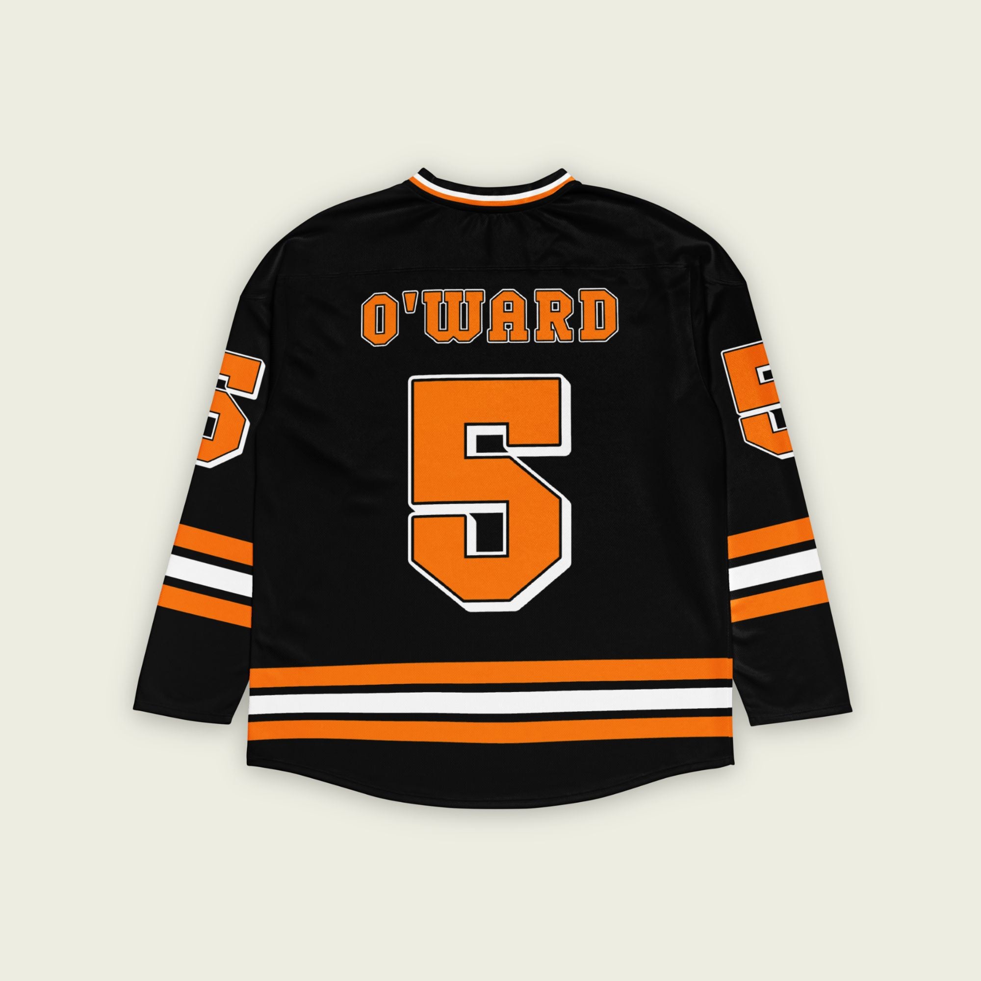 A black hockey jersey with orange papaya stripes. It has Pato O'Wards indycar racing number 5 and the name O'Ward on the front and back in Papaya Orange.