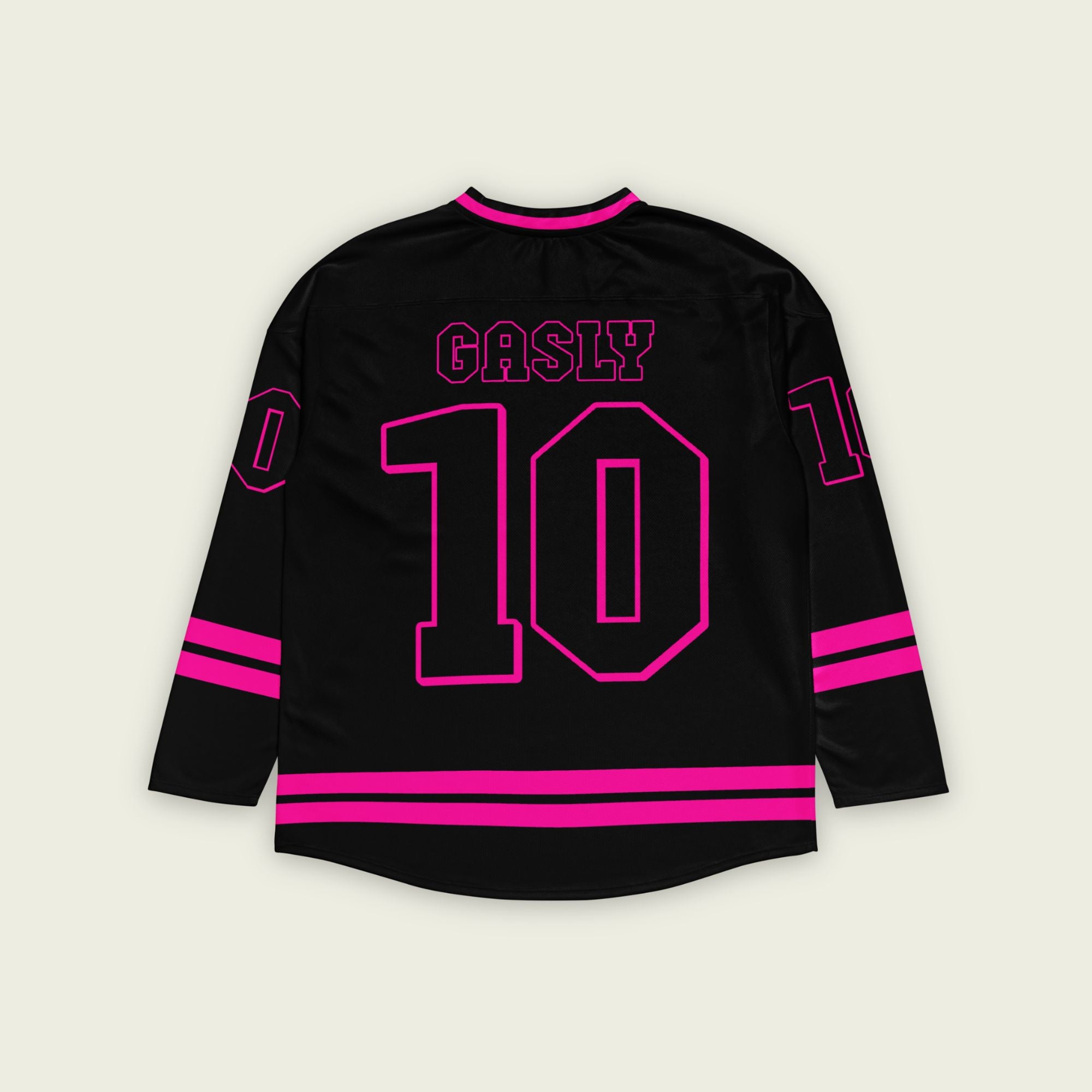 A black hockey jersey with two pink lines at the bottom both on the front and back. here is a pink number 10 that pierre gasly races in F1 on the fornt and back and his name Gasly on the front and back
