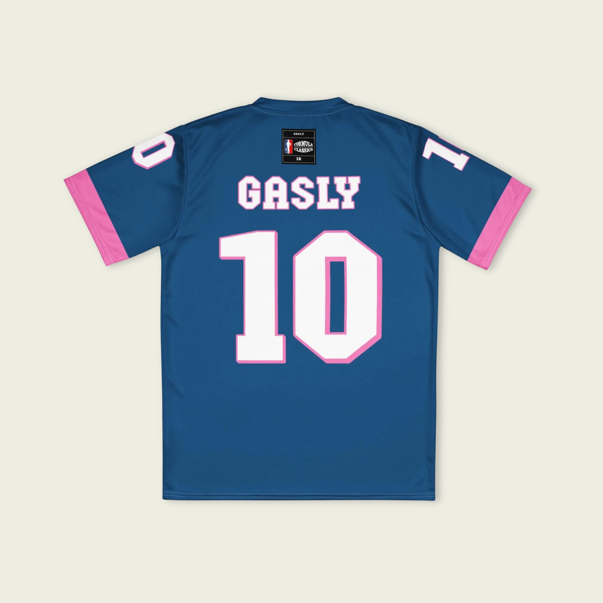 A blue and pink football jersey with Pierre Gasly' s Alpine F1 Racing number 10 on the front and back in white with a pink and black outline.