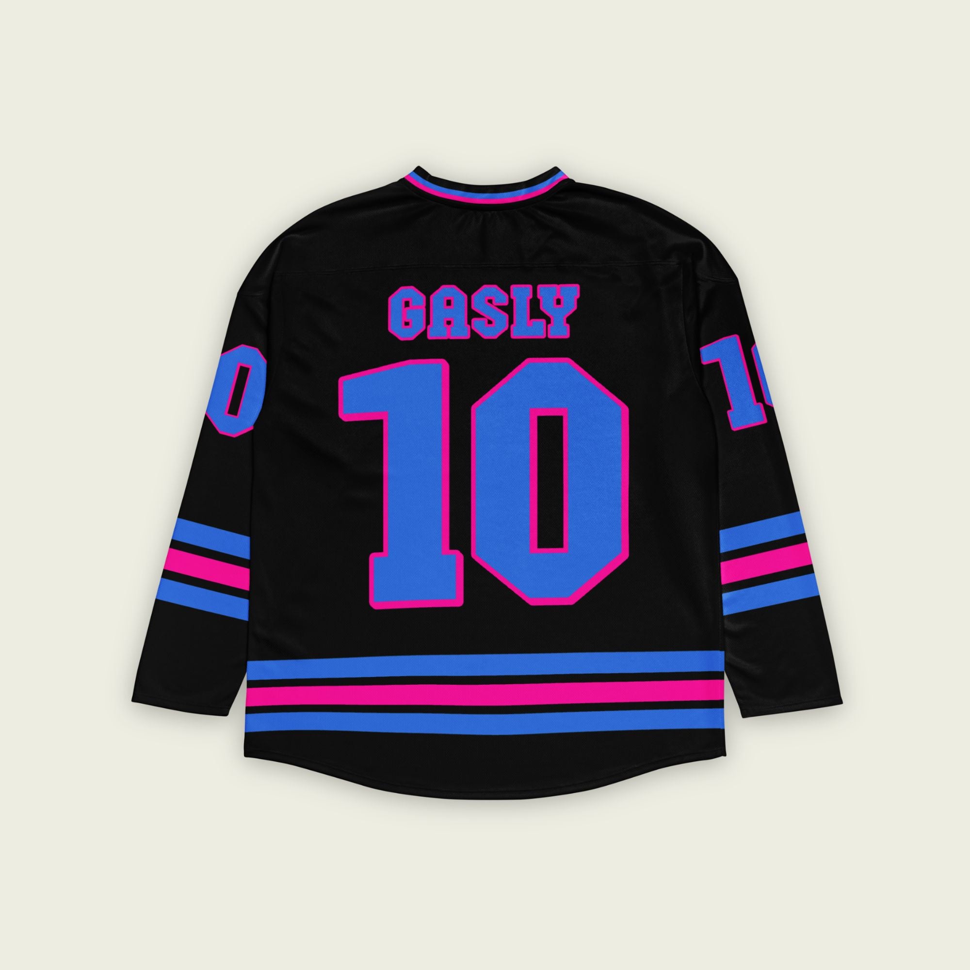 A black hockey jersey with three lines 2 blue and the middle one pink at the bottom both on the front and back, also the arms. there is a blue number 10 that pierre gasly races in F1 on the front and back with a pink outline. and his name Gasly on the front and back
